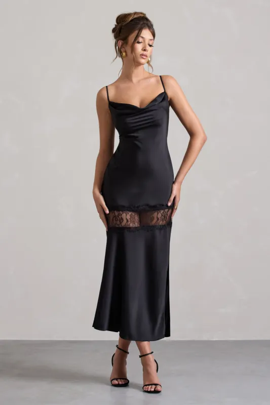 Matera | Black Satin Cowl-Neck Lace Trim Maxi Dress sold by Club L London