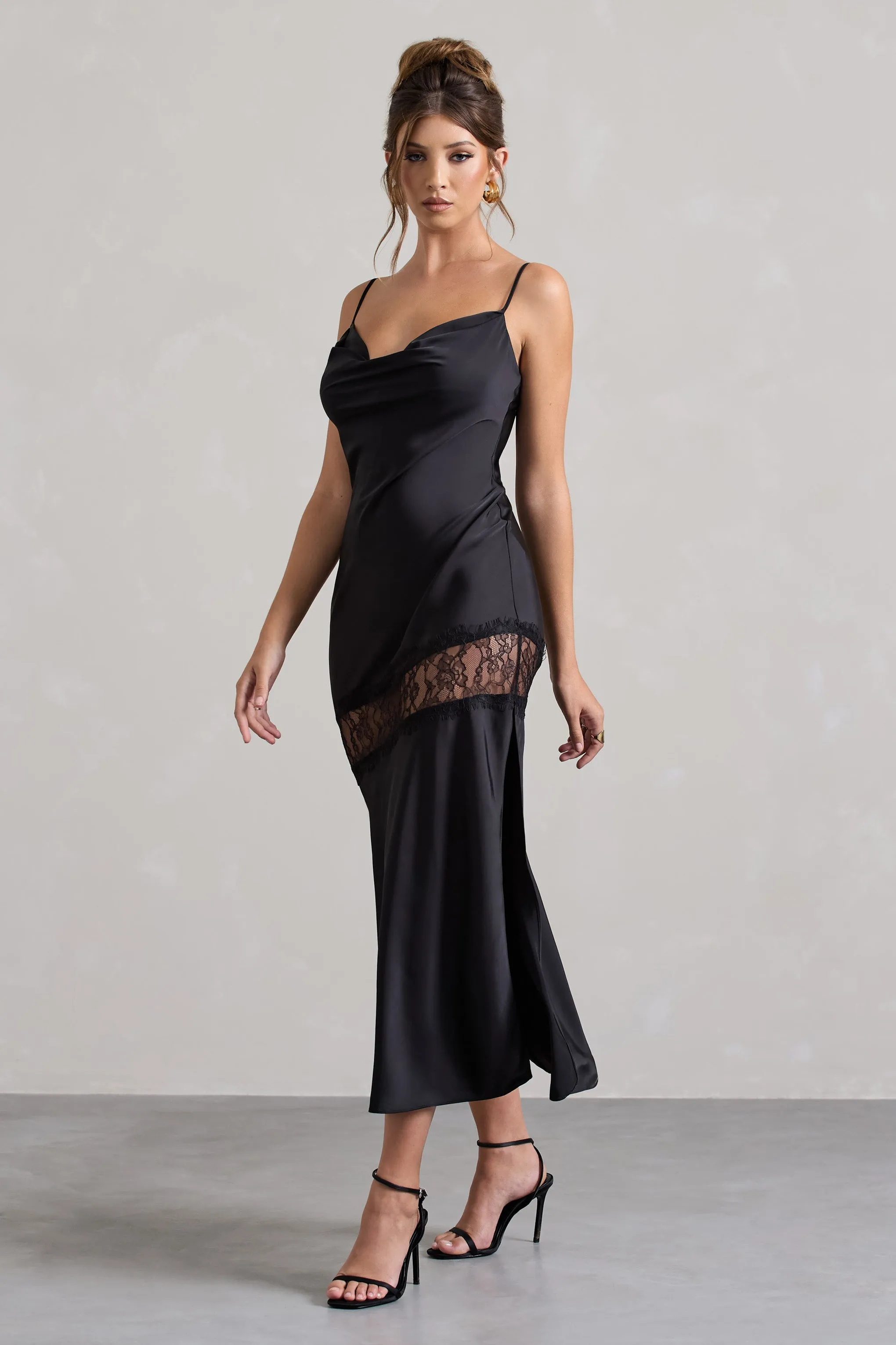 Matera | Black Satin Cowl-Neck Lace Trim Maxi Dress sold by Club L London product image thumbnail 5