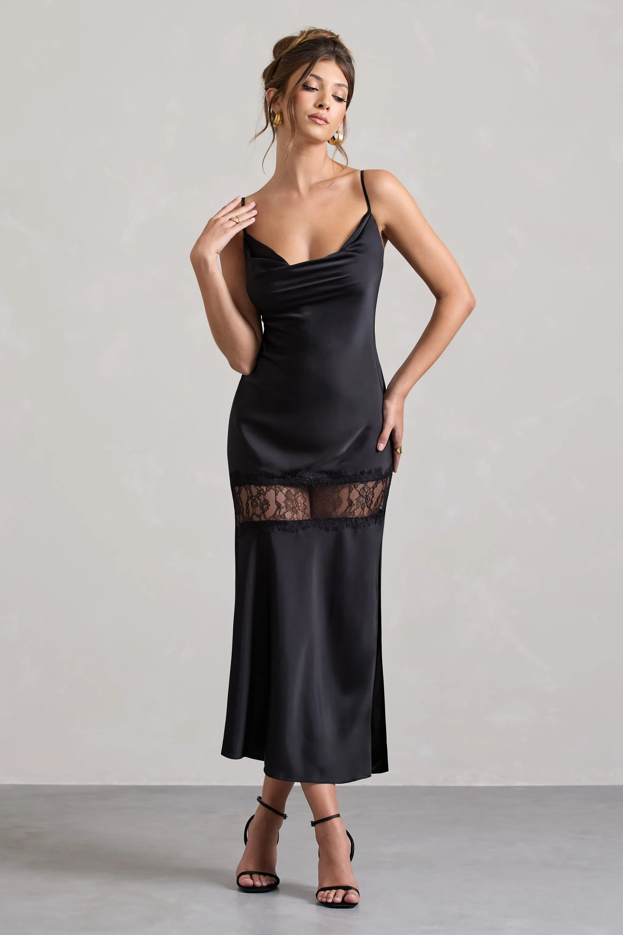 Matera | Black Satin Cowl-Neck Lace Trim Maxi Dress sold by Club L London product image thumbnail 4