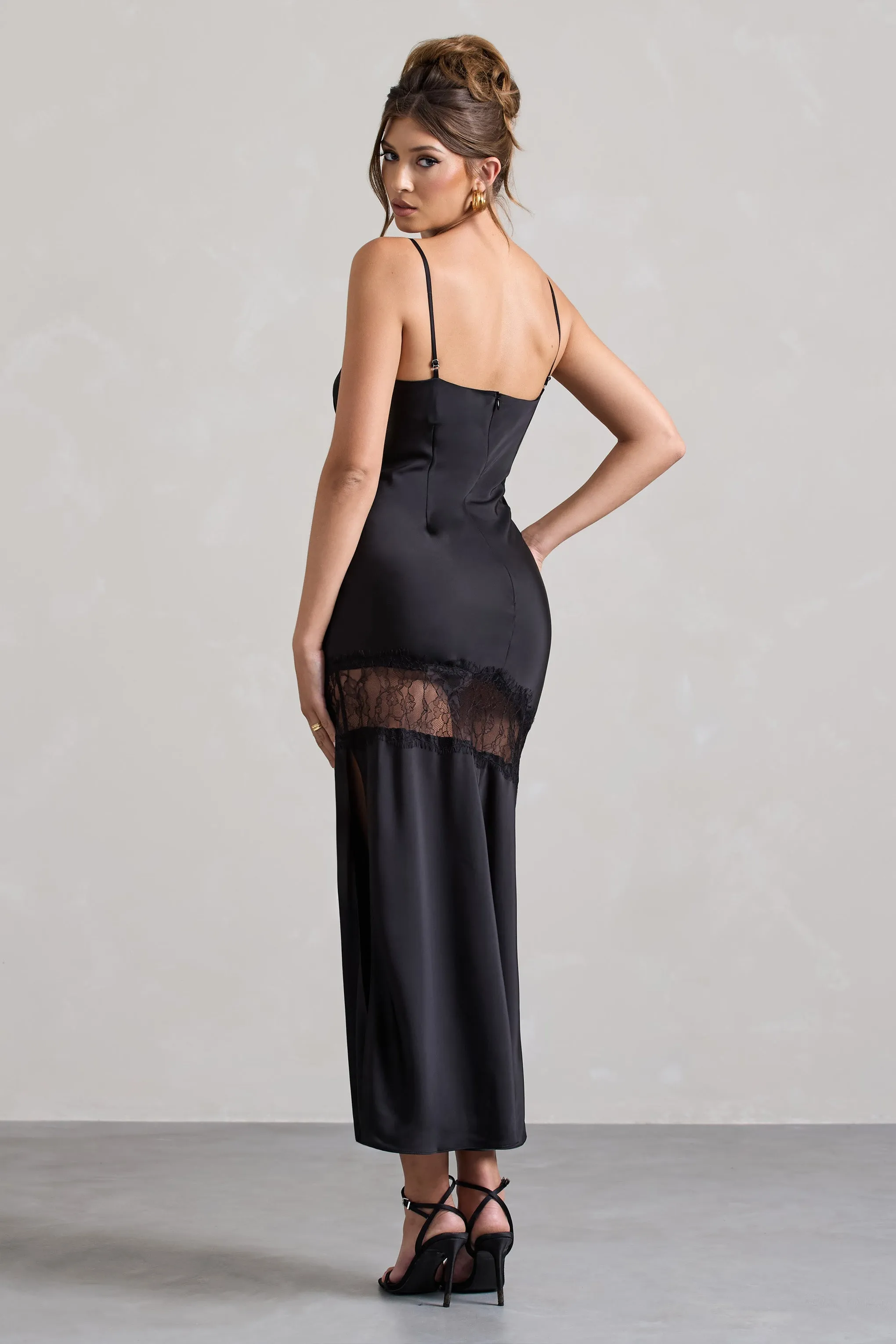 Matera | Black Satin Cowl-Neck Lace Trim Maxi Dress sold by Club L London product image thumbnail 2