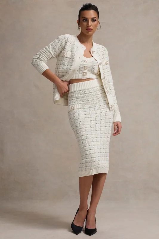 Stellina | Cream Boucle High-Waist Bodycon Midi Skirt sold by Club L London