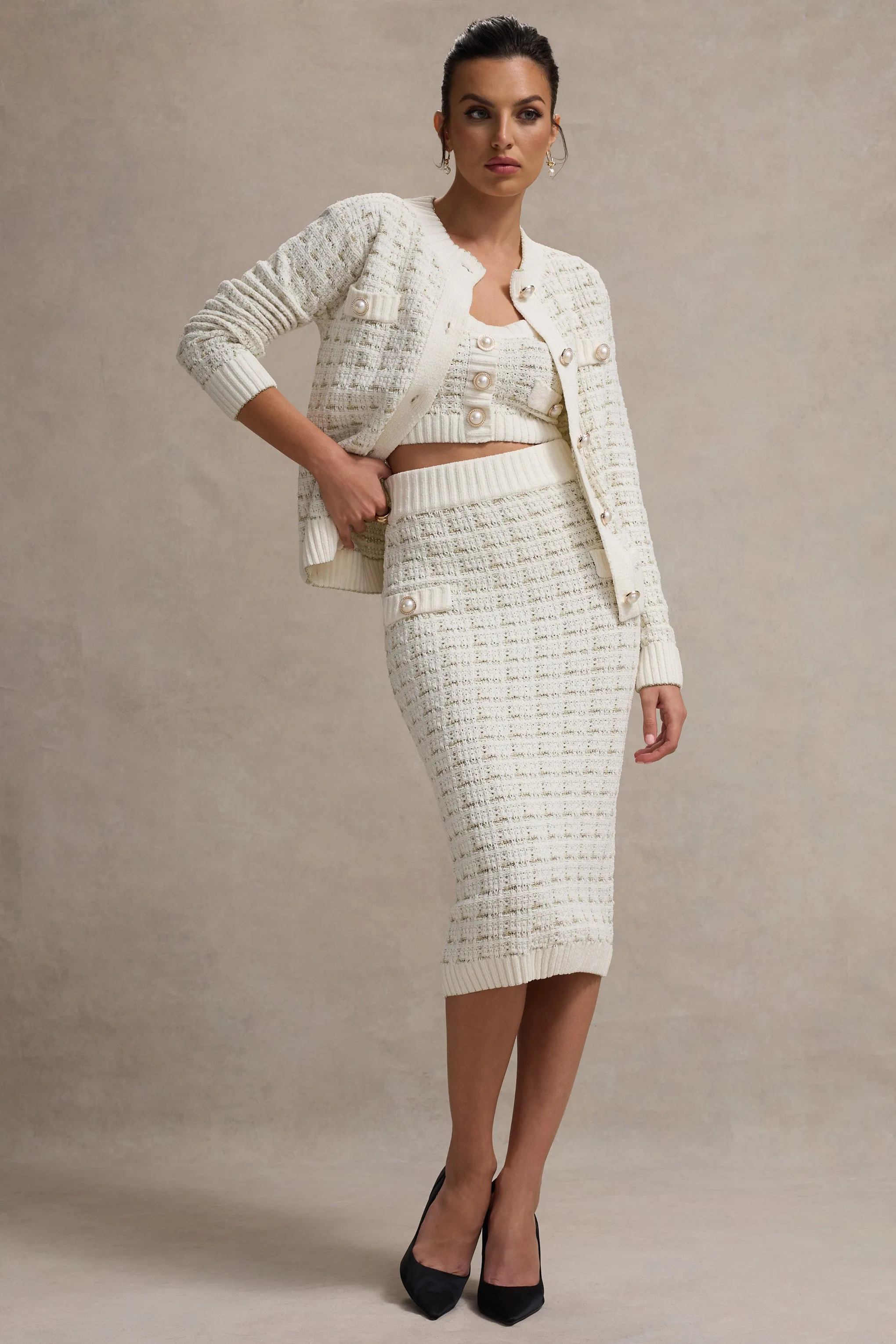 Stellina | Cream Boucle High-Waist Bodycon Midi Skirt sold by Club L London