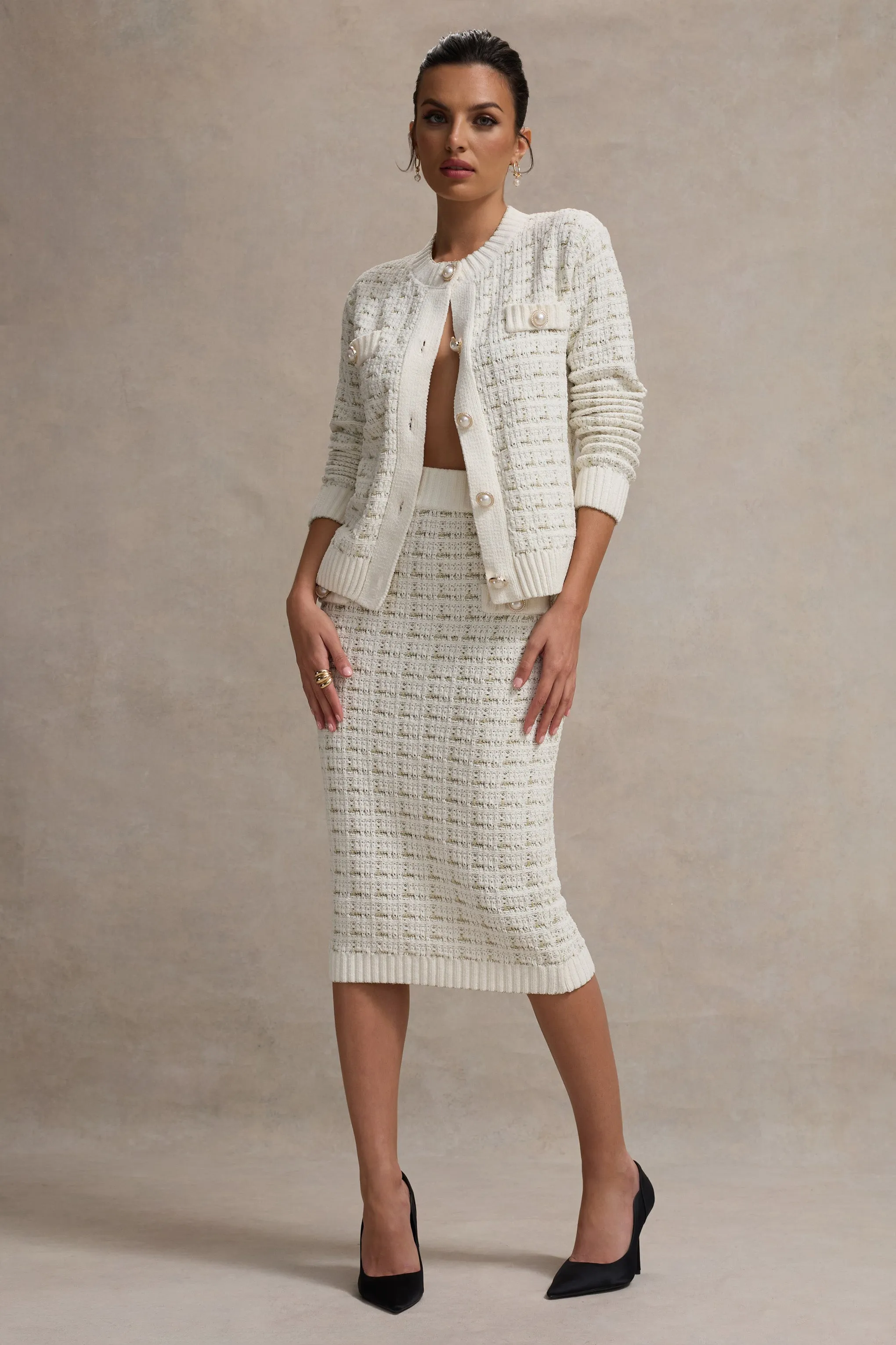 Stellina | Cream Boucle High-Waist Bodycon Midi Skirt sold by Club L London product image thumbnail 4