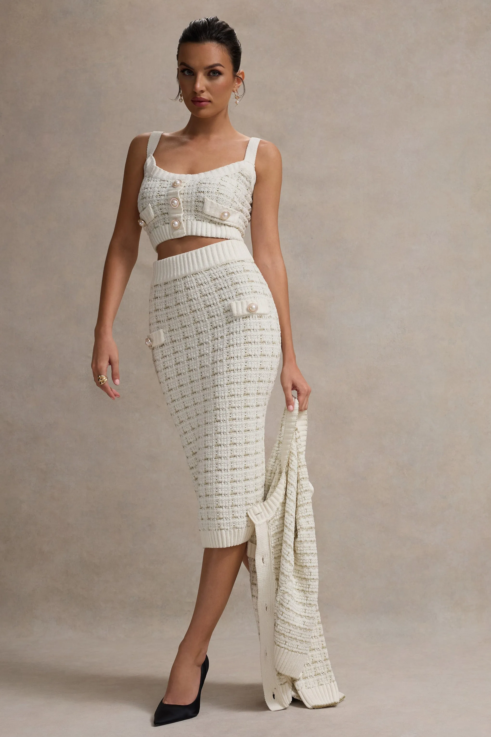 Stellina | Cream Boucle High-Waist Bodycon Midi Skirt sold by Club L London product image thumbnail 5