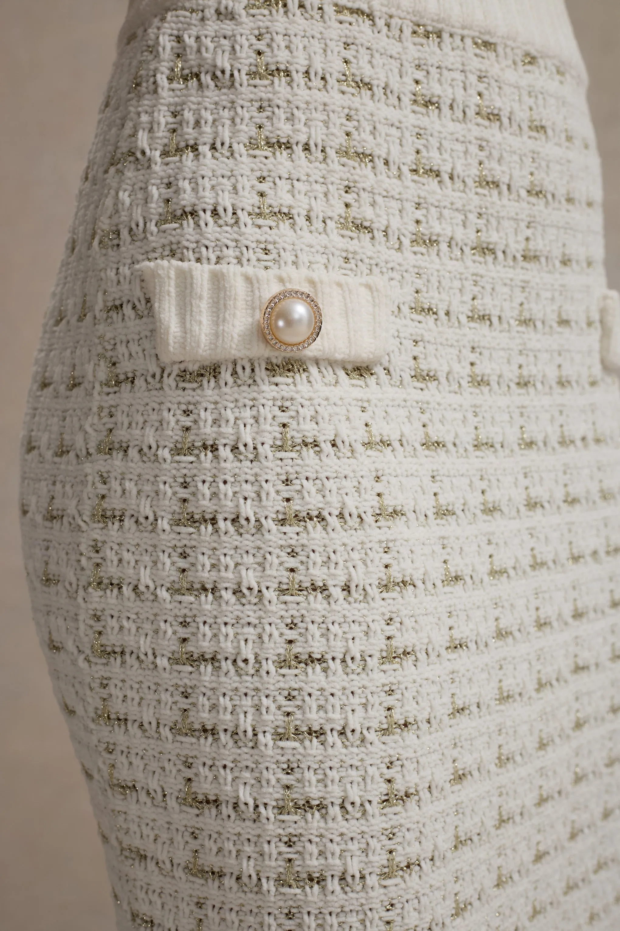 Stellina | Cream Boucle High-Waist Bodycon Midi Skirt sold by Club L London product image thumbnail 3