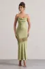 Matera | Light Olive Satin Cowl-Neck Lace Trim Maxi Dress sold by Club L London