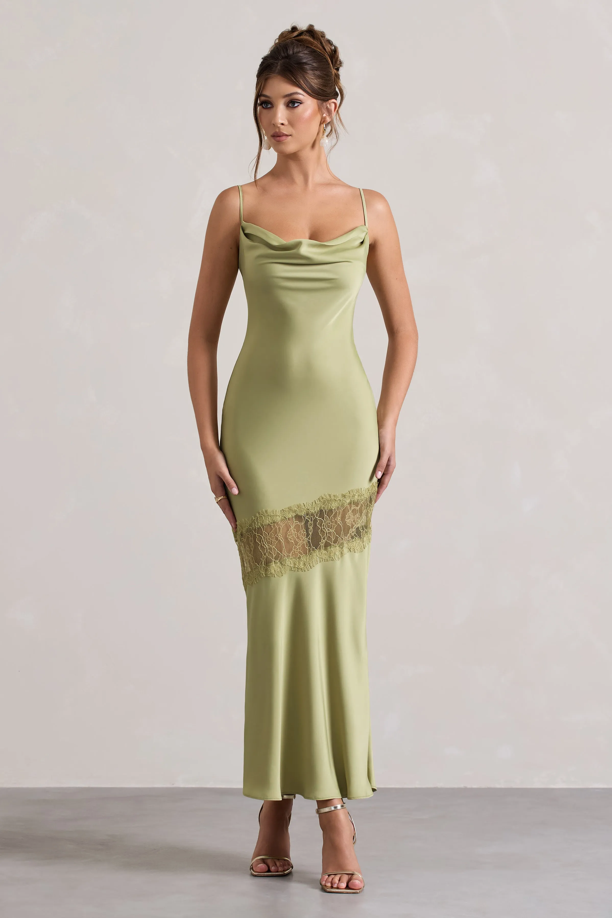 Matera | Light Olive Satin Cowl-Neck Lace Trim Maxi Dress sold by Club L London