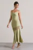 Matera | Light Olive Satin Cowl-Neck Lace Trim Maxi Dress sold by Club L London