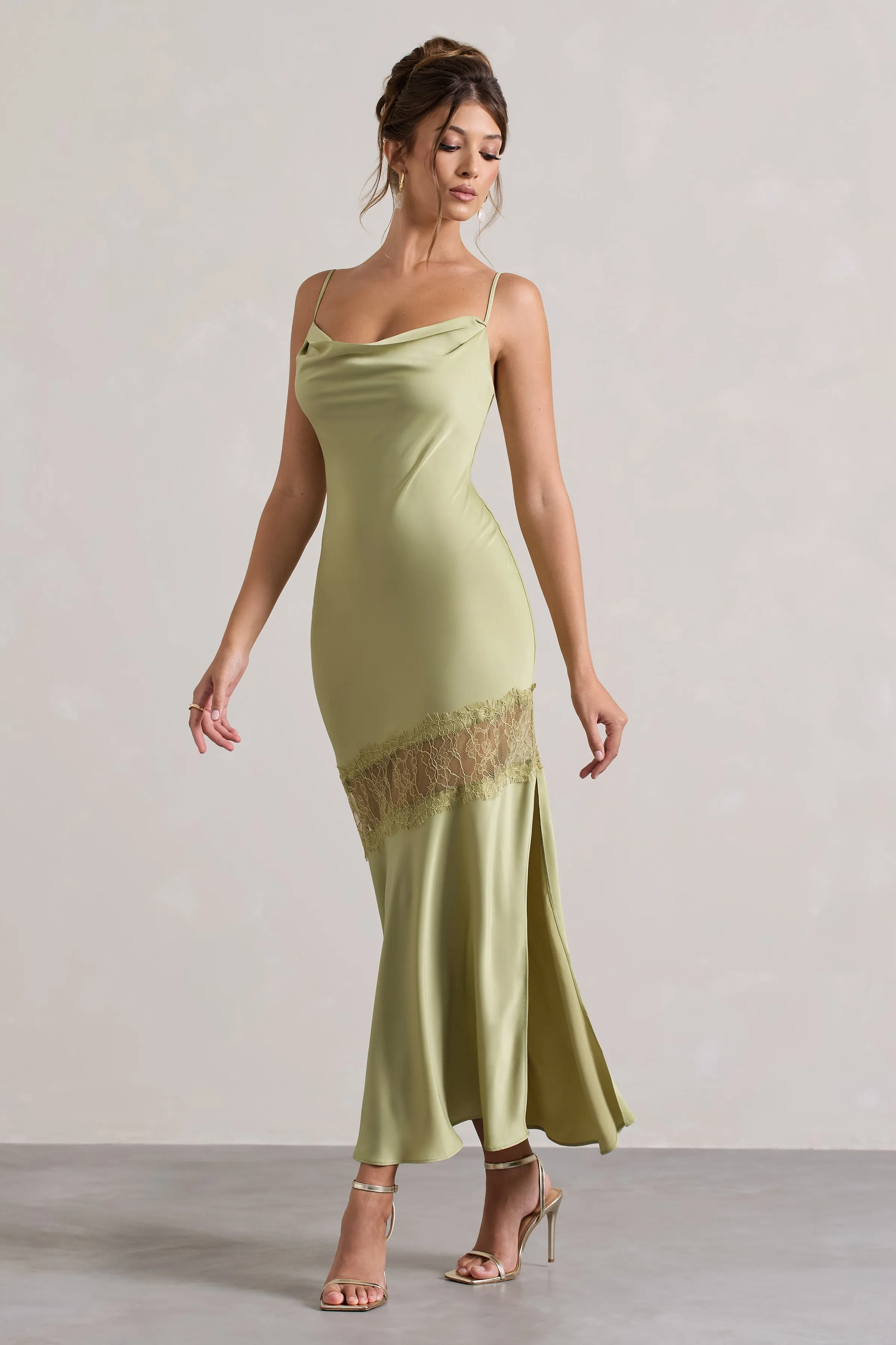 Matera | Light Olive Satin Cowl-Neck Lace Trim Maxi Dress sold by Club L London product image thumbnail 4