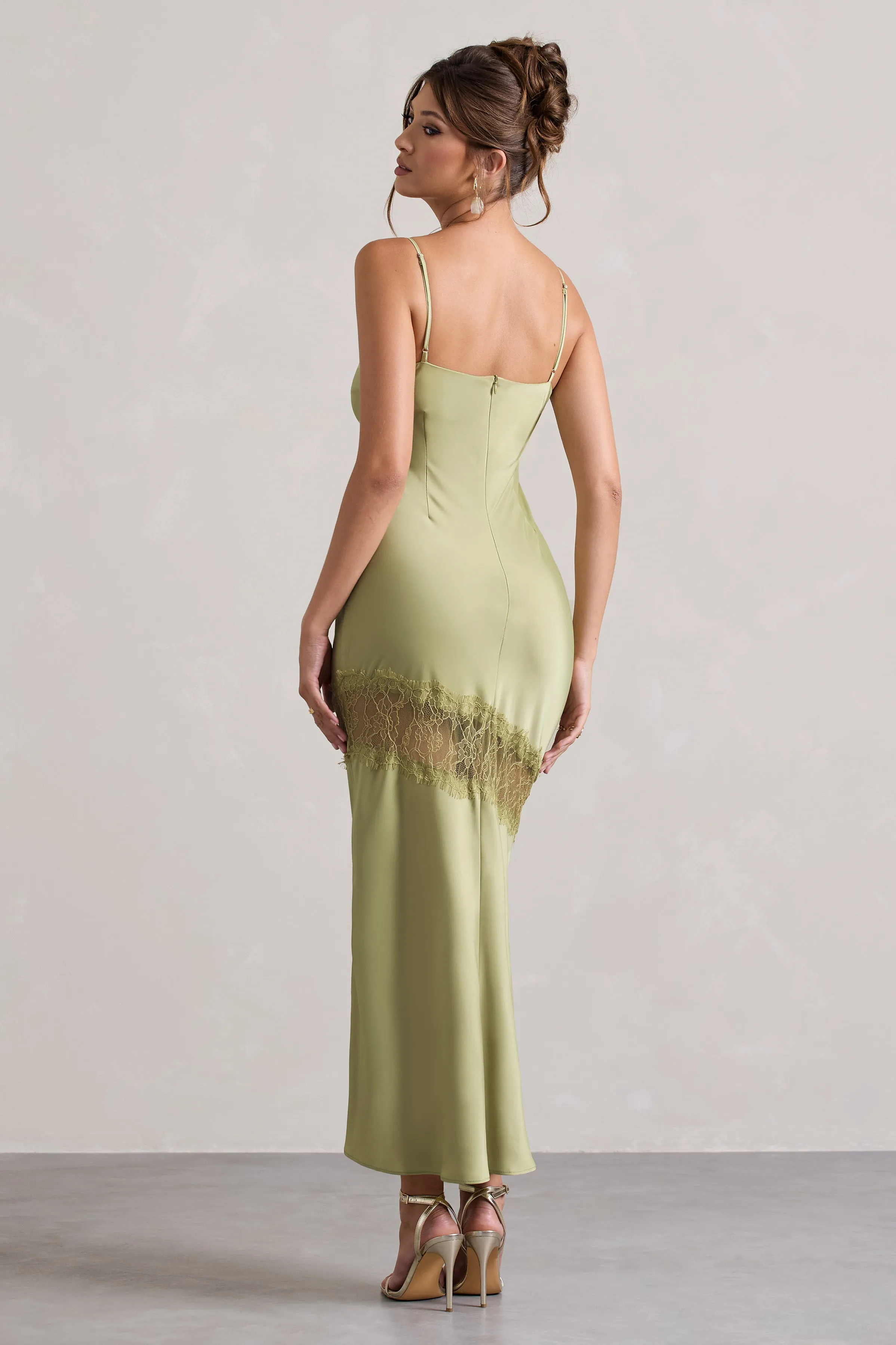 Matera | Light Olive Satin Cowl-Neck Lace Trim Maxi Dress sold by Club L London product image thumbnail 2