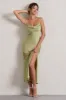 Matera | Light Olive Satin Cowl-Neck Lace Trim Maxi Dress sold by Club L London