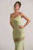 Matera | Light Olive Satin Cowl-Neck Lace Trim Maxi Dress sold by Club L London
