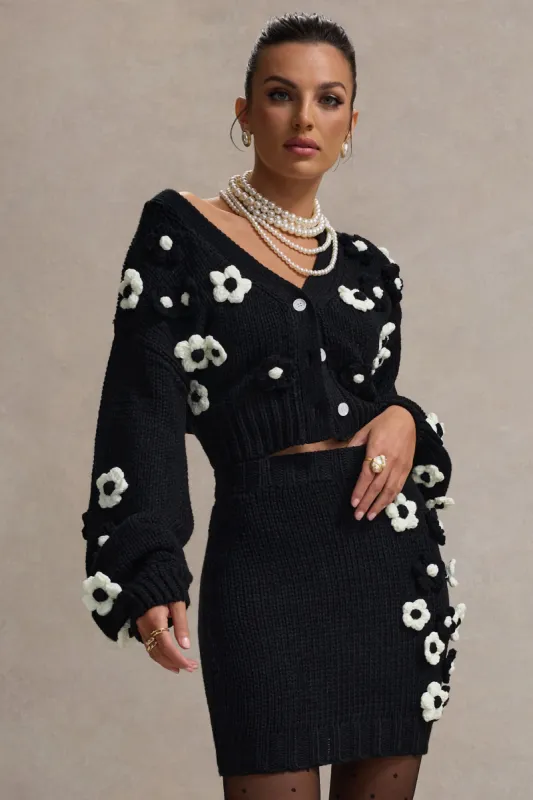 Louvre | Black & White Knit Cropped Floral Cardigan sold by Club L London