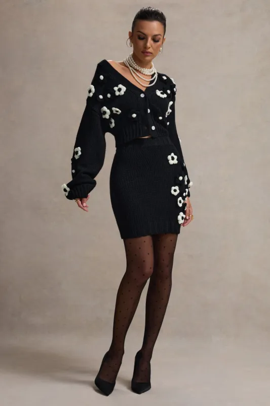 Triomphe | Black & White Knit Floral Mini Skirt sold by Club L London