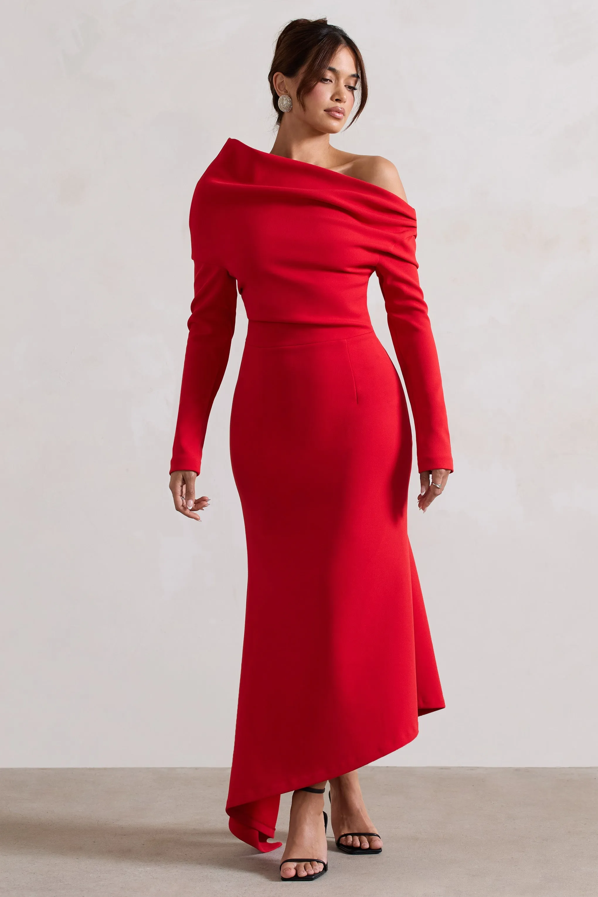 Lou | Red One-Shoulder Asymmetric Maxi Dress sold by Club L London