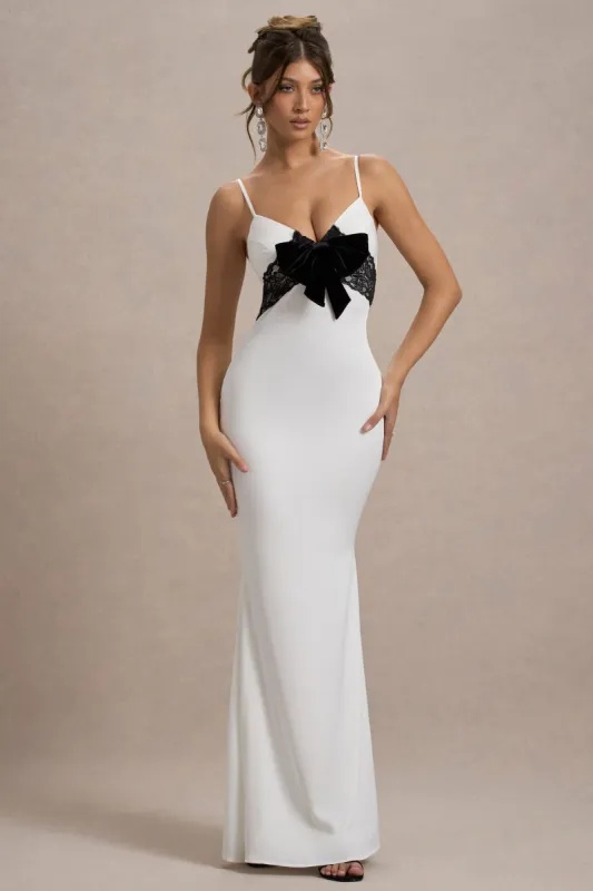 Rumi | White Satin Strappy Maxi Dress With Velvet Bow sold by Club L London