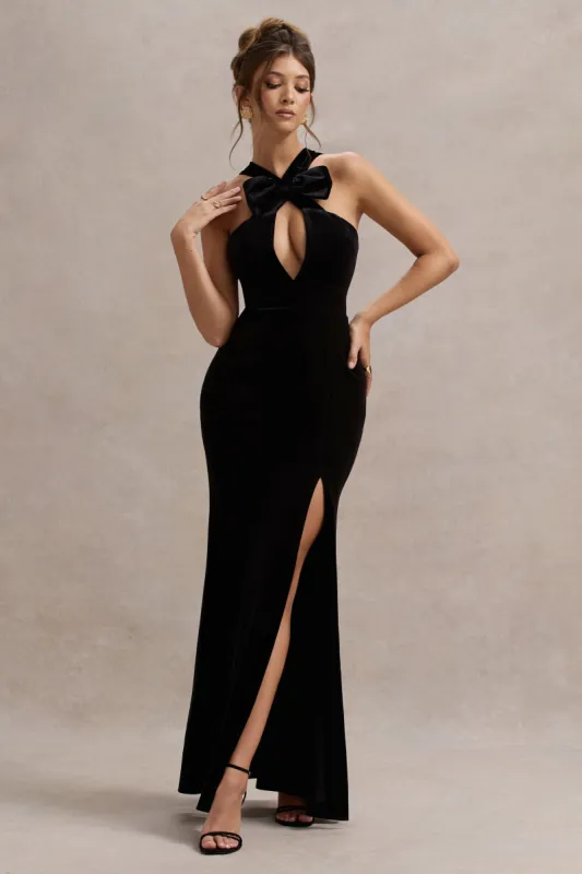 Mystery | Black Velvet Plunge Halter-Neck Split Maxi Dress With Bow sold by Club L London