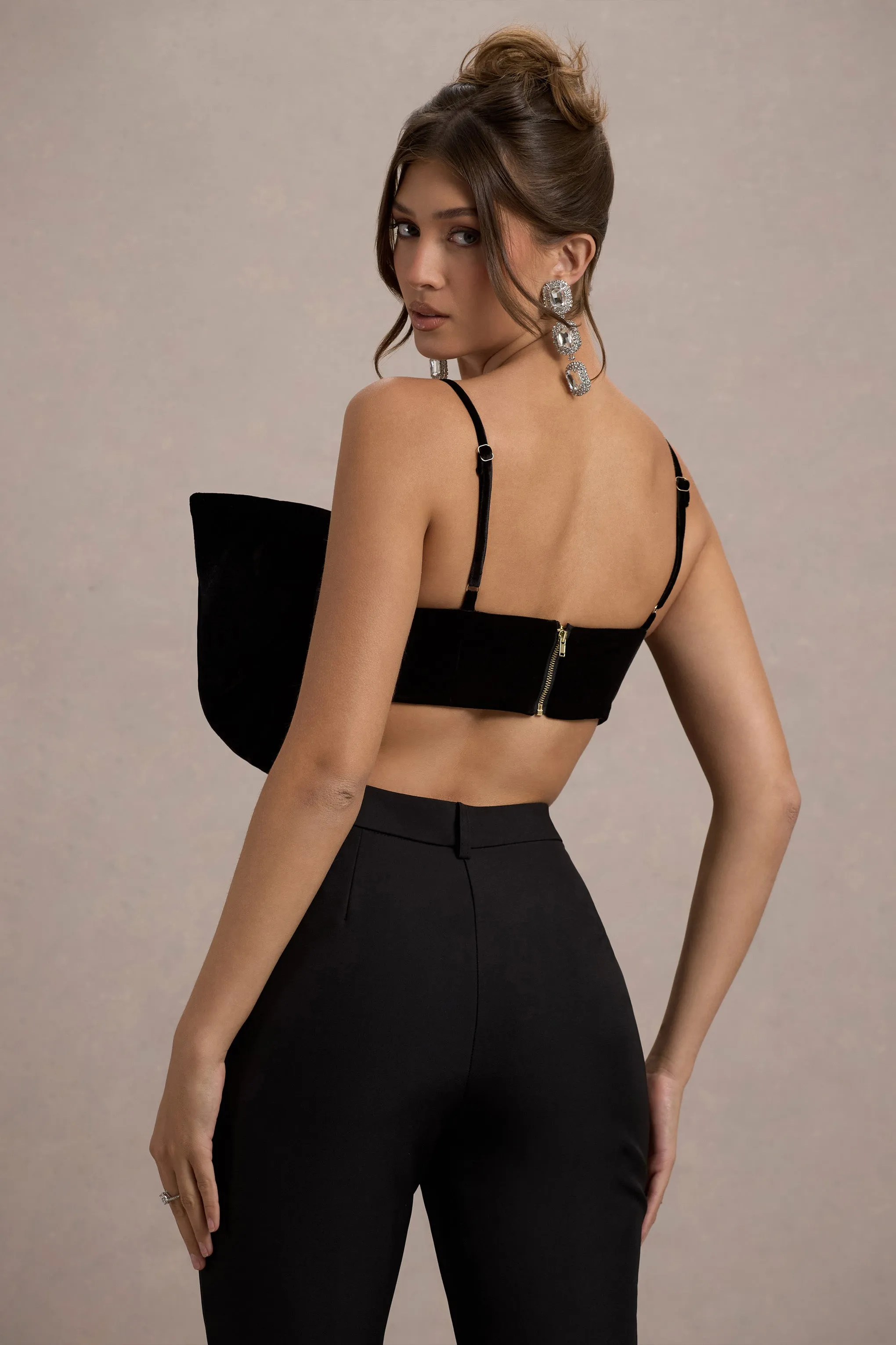 Adya | Black Velvet Strappy Bow Crop Top sold by Club L London product image thumbnail 2