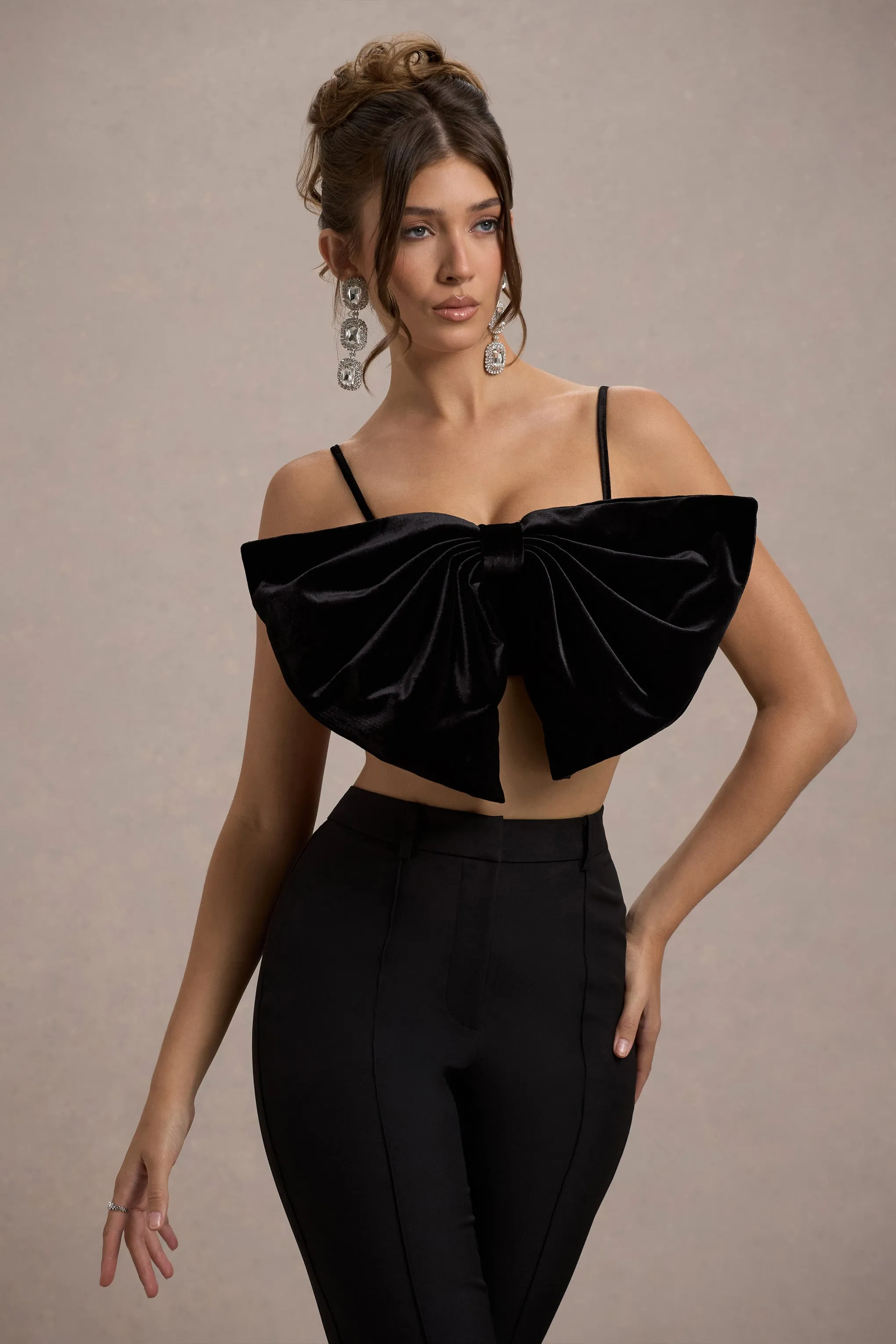Adya | Black Velvet Strappy Bow Crop Top sold by Club L London