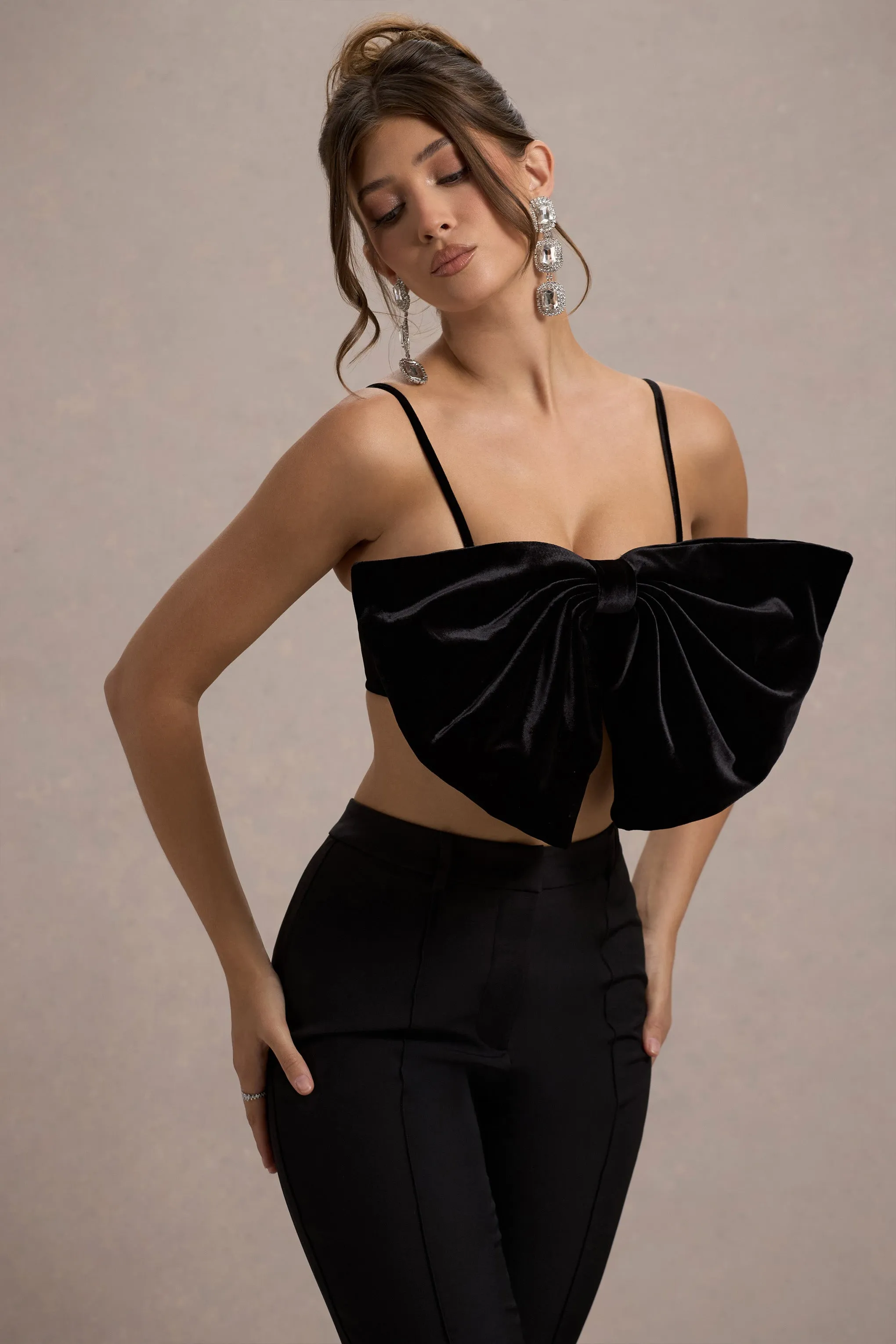 Adya | Black Velvet Strappy Bow Crop Top sold by Club L London product image thumbnail 4