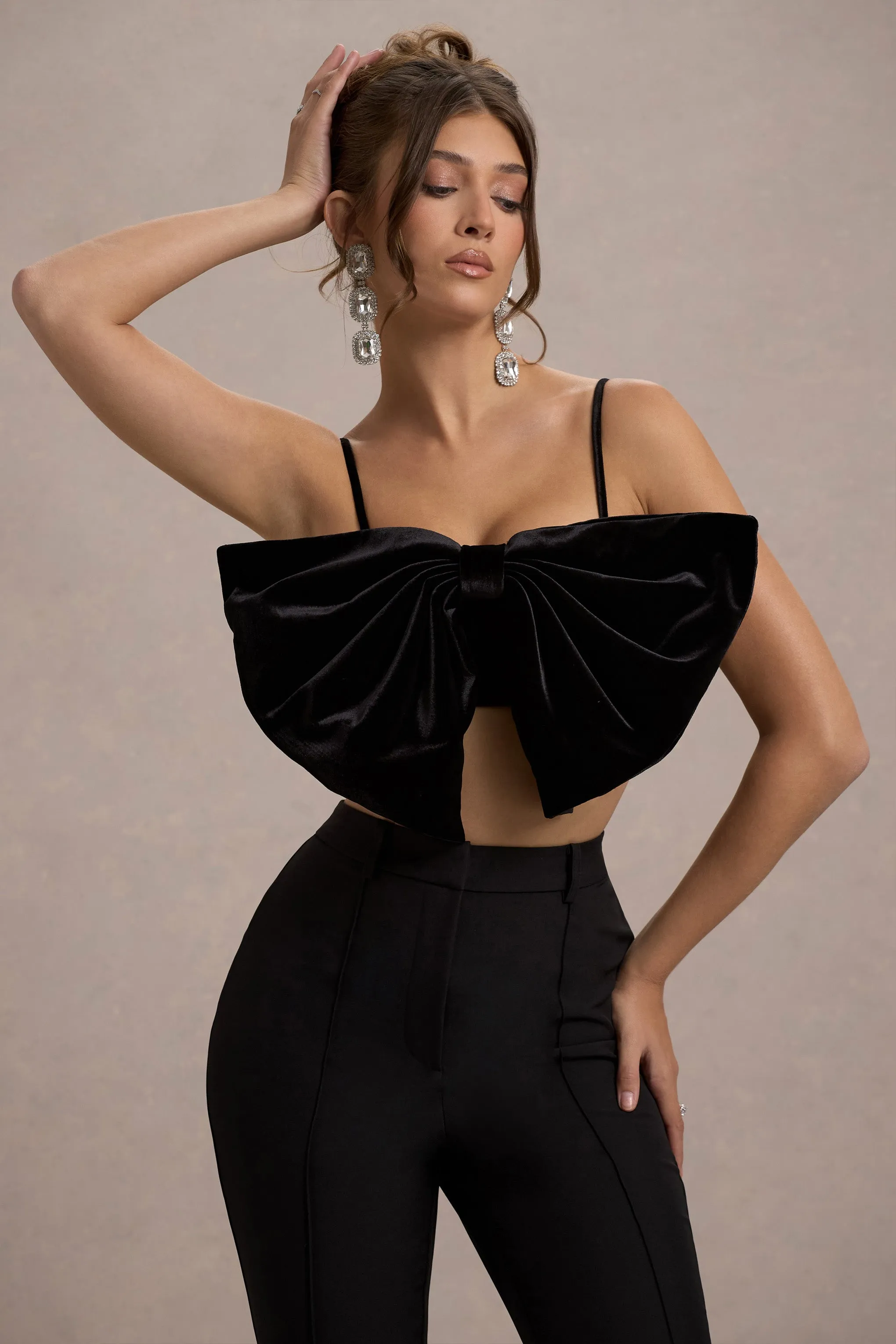Adya | Black Velvet Strappy Bow Crop Top sold by Club L London product image thumbnail 3
