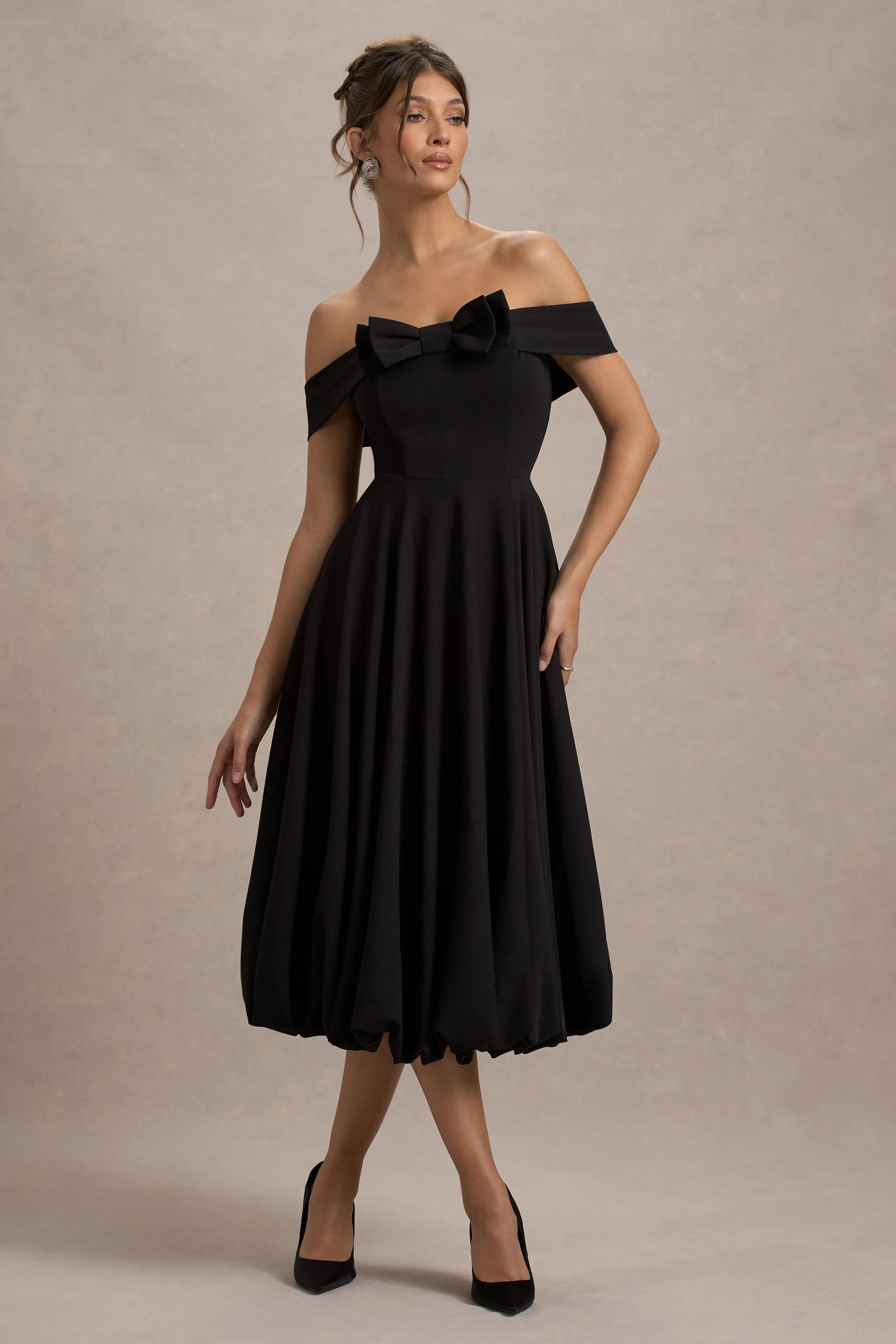 Calliopia | Black Bow Bardot Midi Dress With Puff-Ball Skirt sold by Club L London