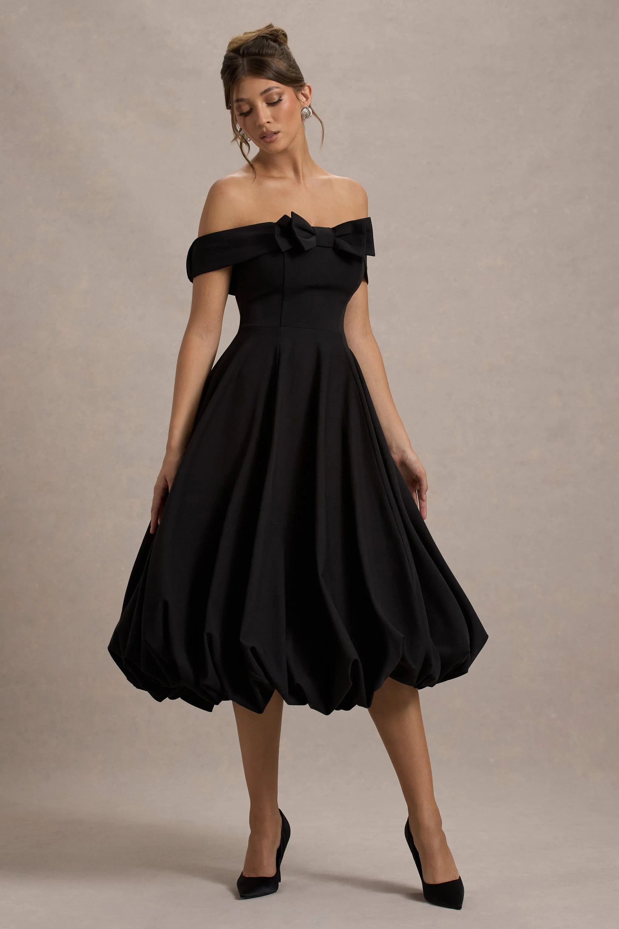 Calliopia | Black Bow Bardot Midi Dress With Puff-Ball Skirt sold by Club L London product image thumbnail 5