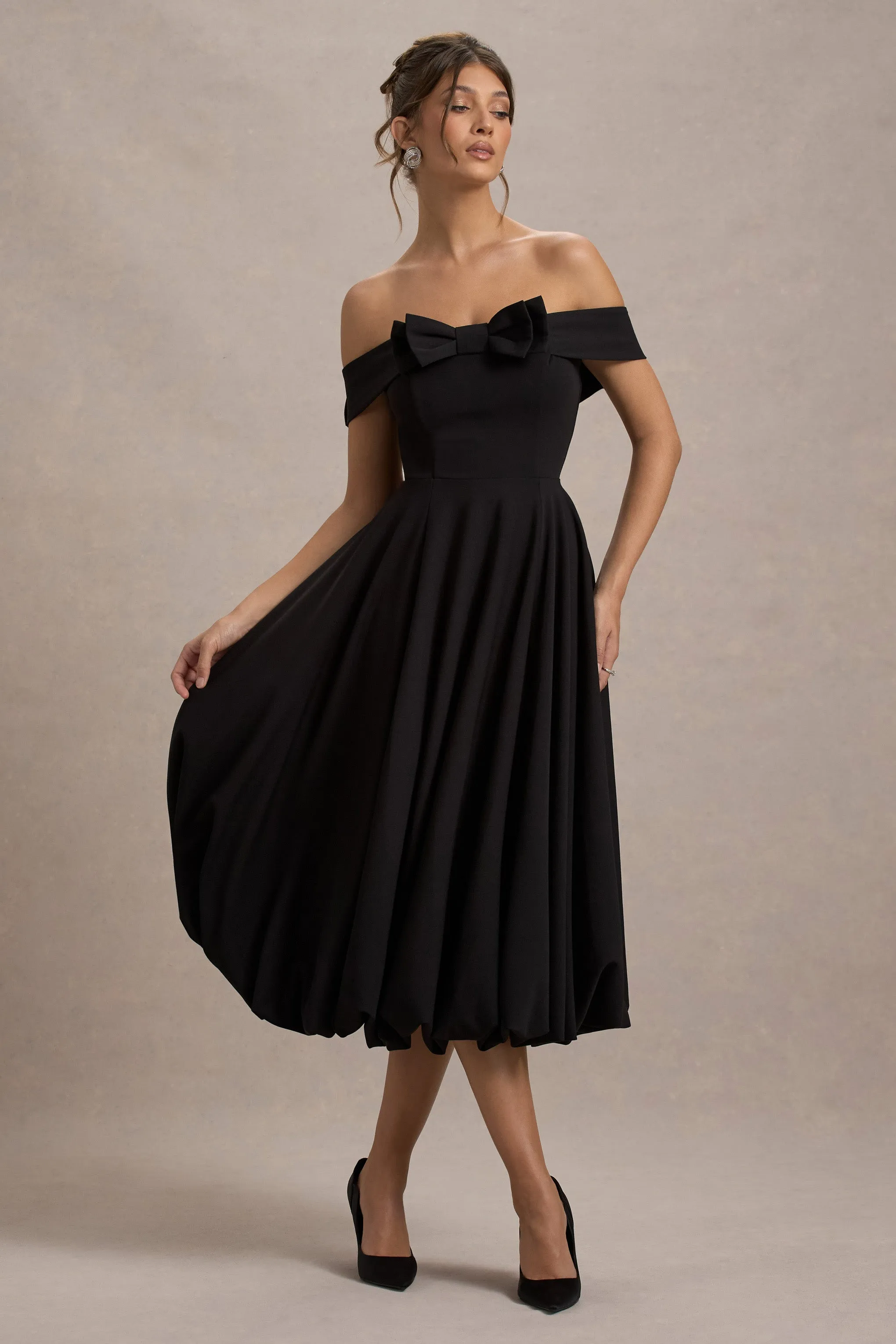 Calliopia | Black Bow Bardot Midi Dress With Puff-Ball Skirt sold by Club L London product image thumbnail 4