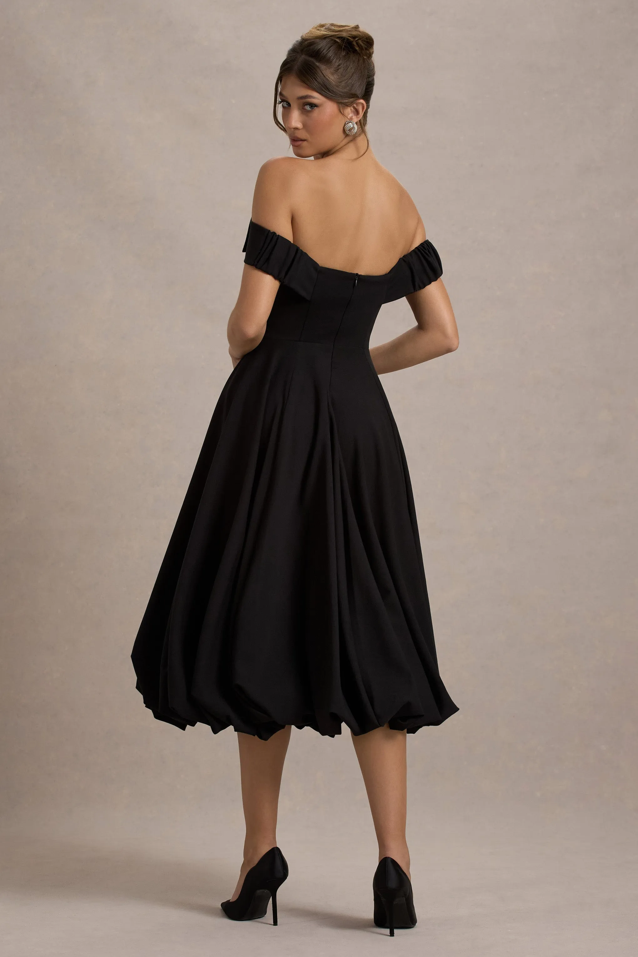 Calliopia | Black Bow Bardot Midi Dress With Puff-Ball Skirt sold by Club L London product image thumbnail 2