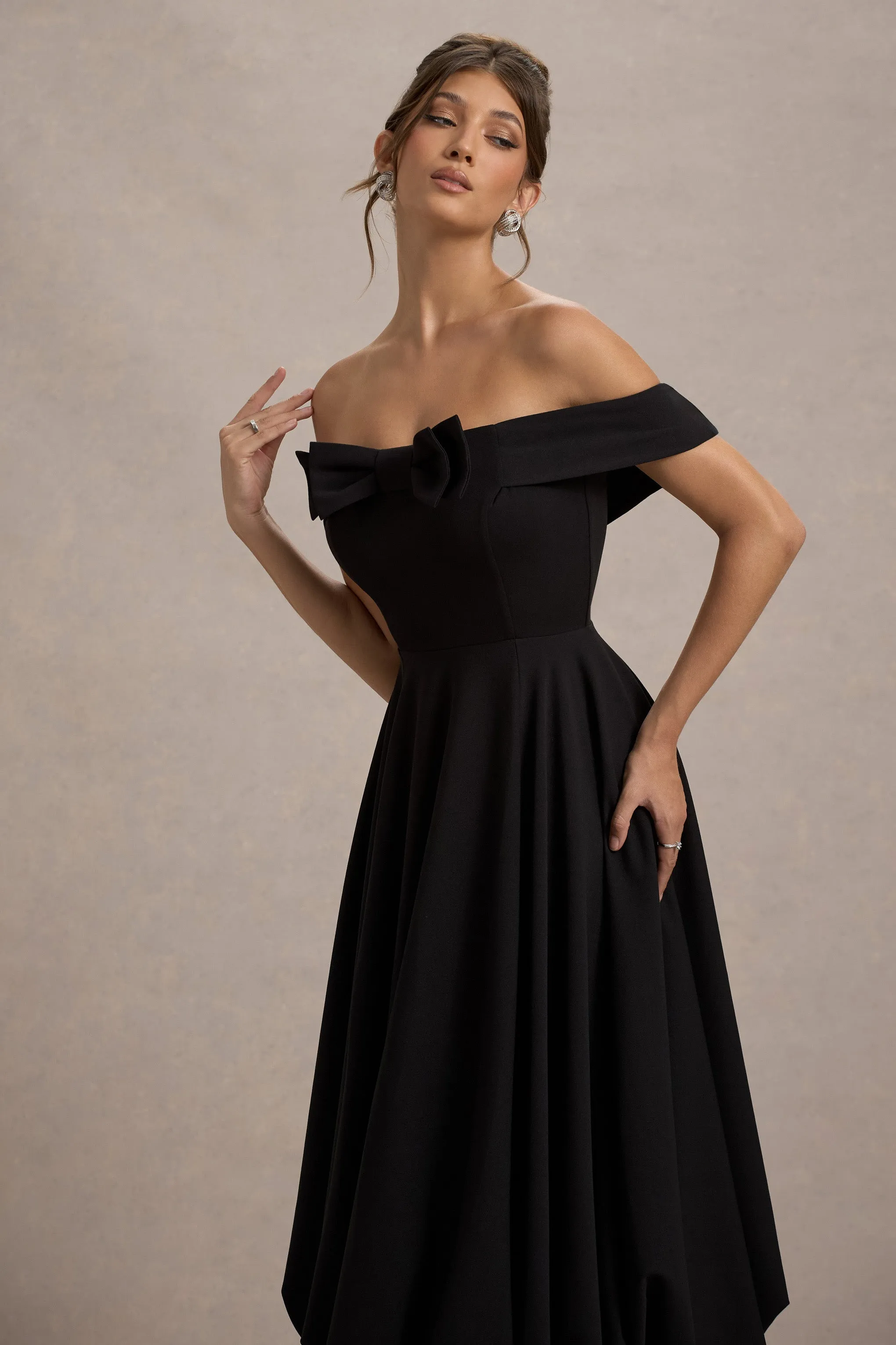 Calliopia | Black Bow Bardot Midi Dress With Puff-Ball Skirt sold by Club L London product image thumbnail 3