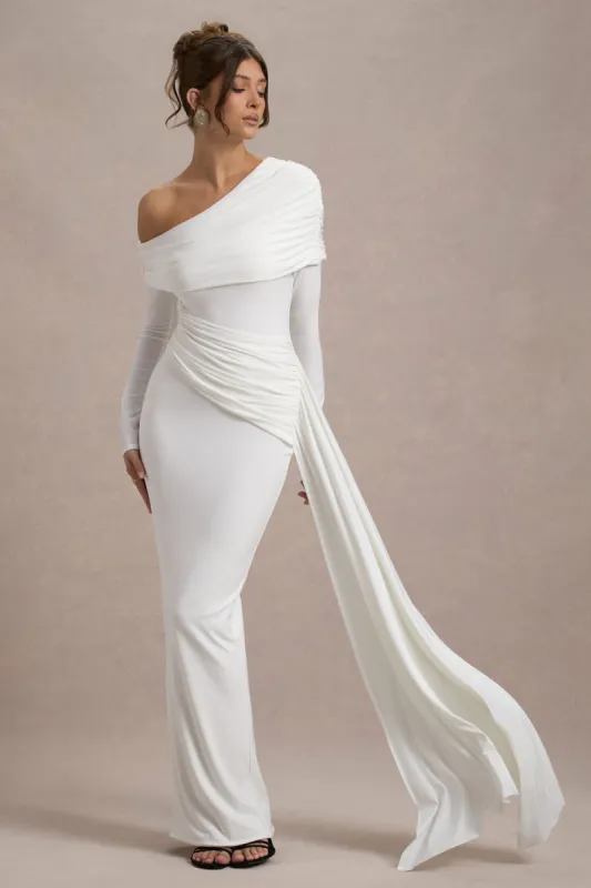 Valina | White Ruched Asymmetric Maxi Dress With Drape sold by Club L London