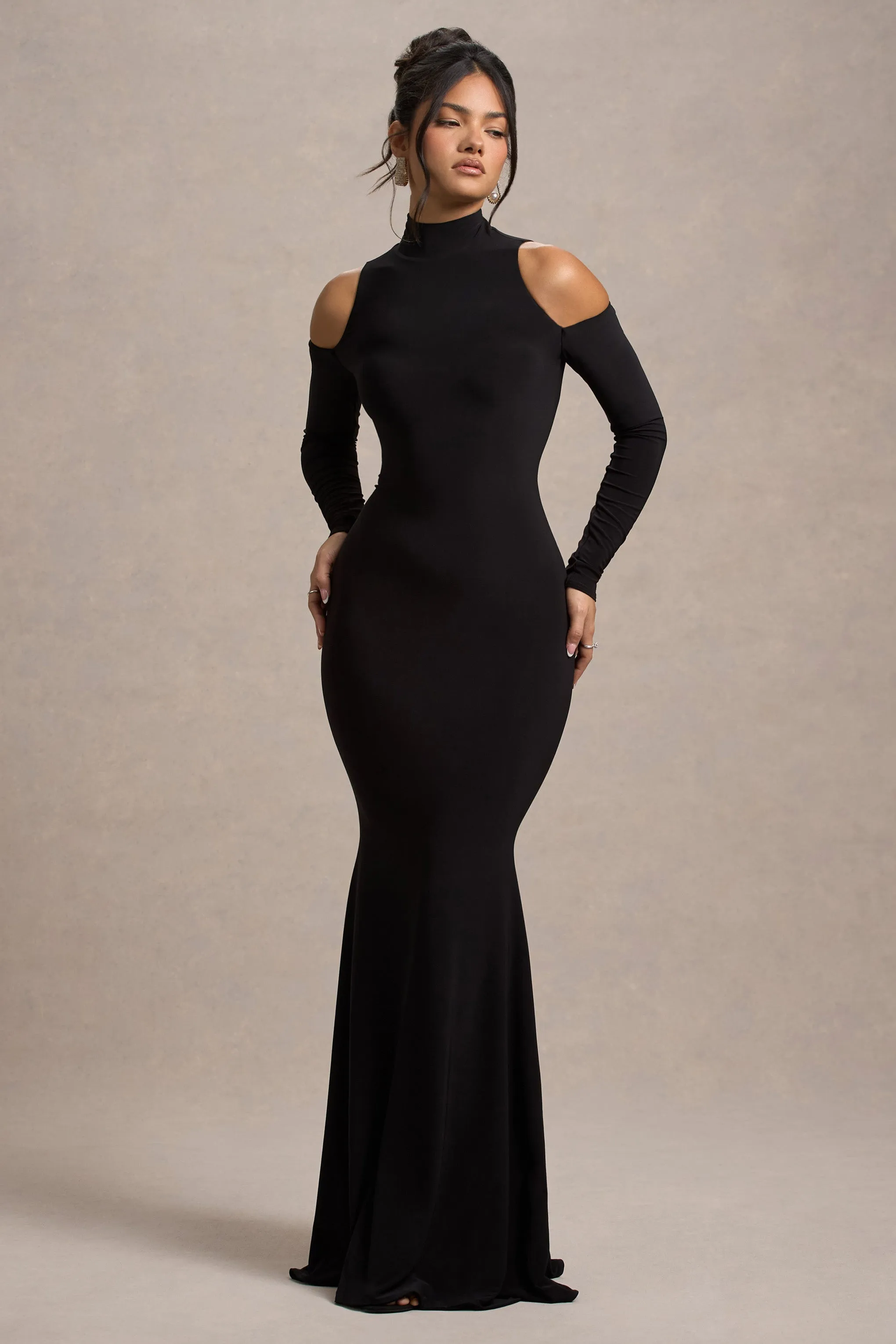 Catarina | Black Turtle-Neck Long-Sleeve Maxi Dress With Cold Shoulders sold by Club L London product image thumbnail 4