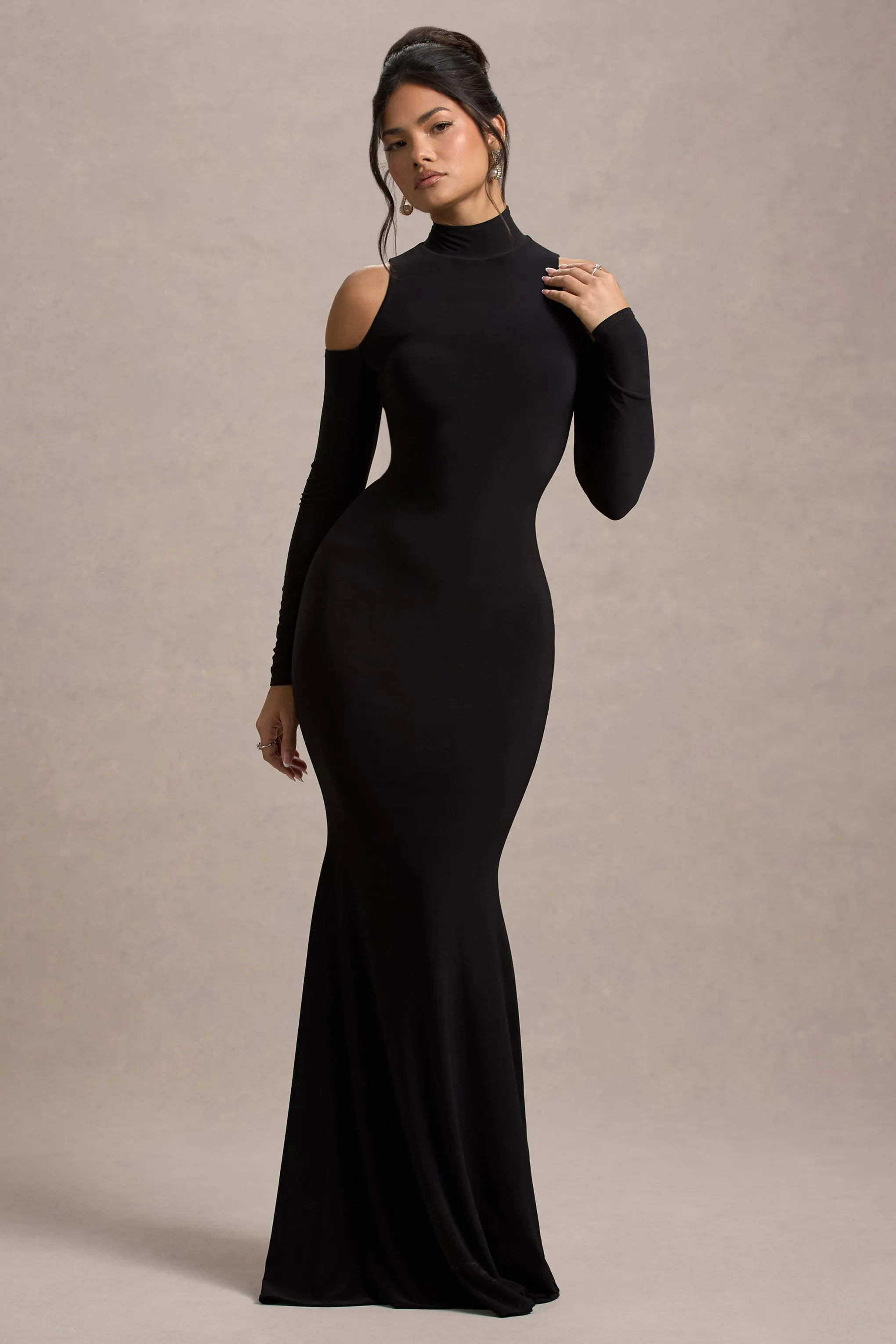 Catarina | Black Turtle-Neck Long-Sleeve Maxi Dress With Cold Shoulders sold by Club L London product image thumbnail 5