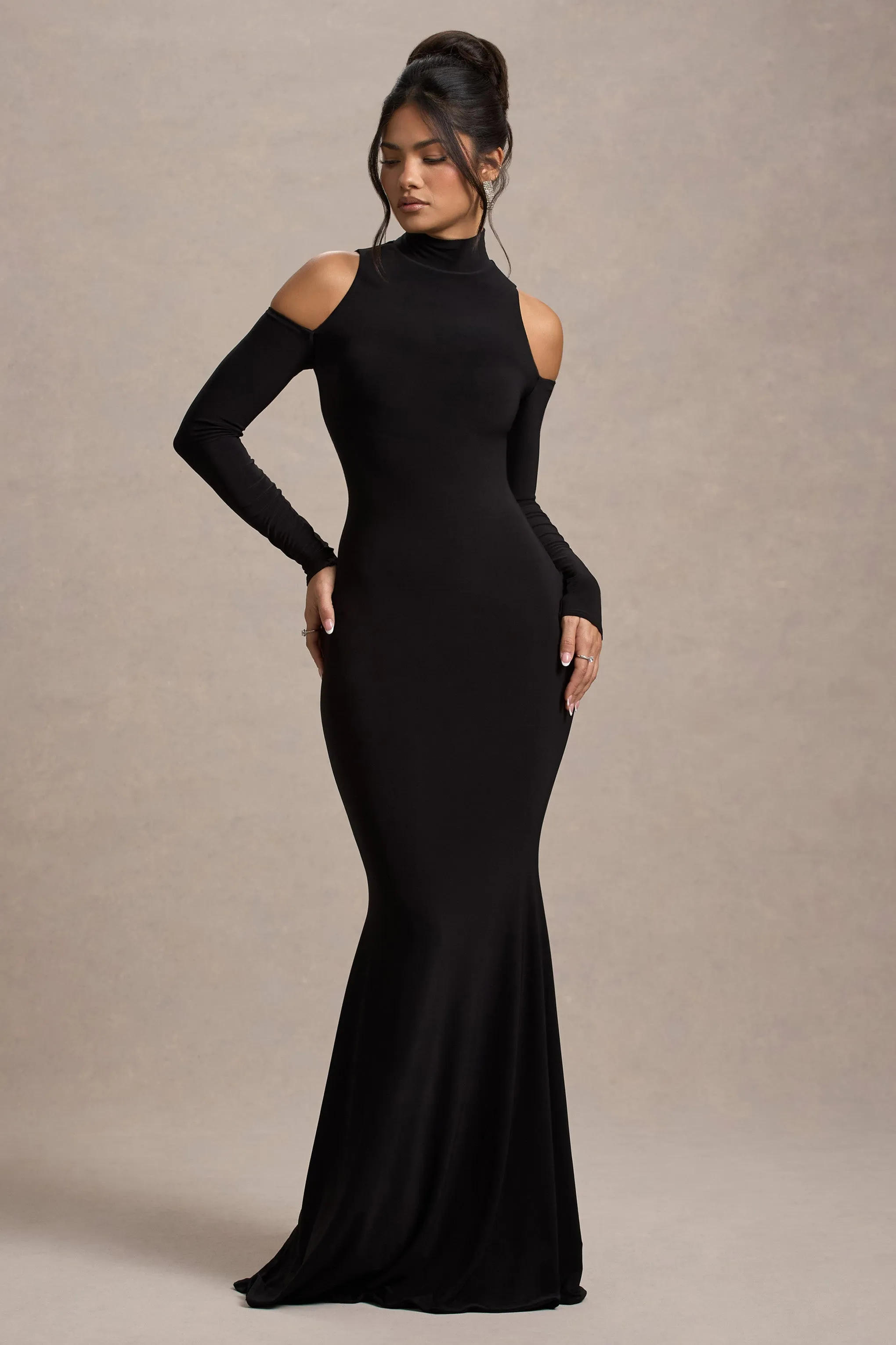 Catarina | Black Turtle-Neck Long-Sleeve Maxi Dress With Cold Shoulders sold by Club L London