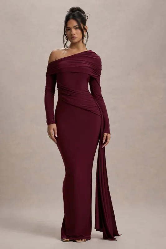 Valina | Burgundy Ruched Asymmetric Maxi Dress With Drape sold by Club L London