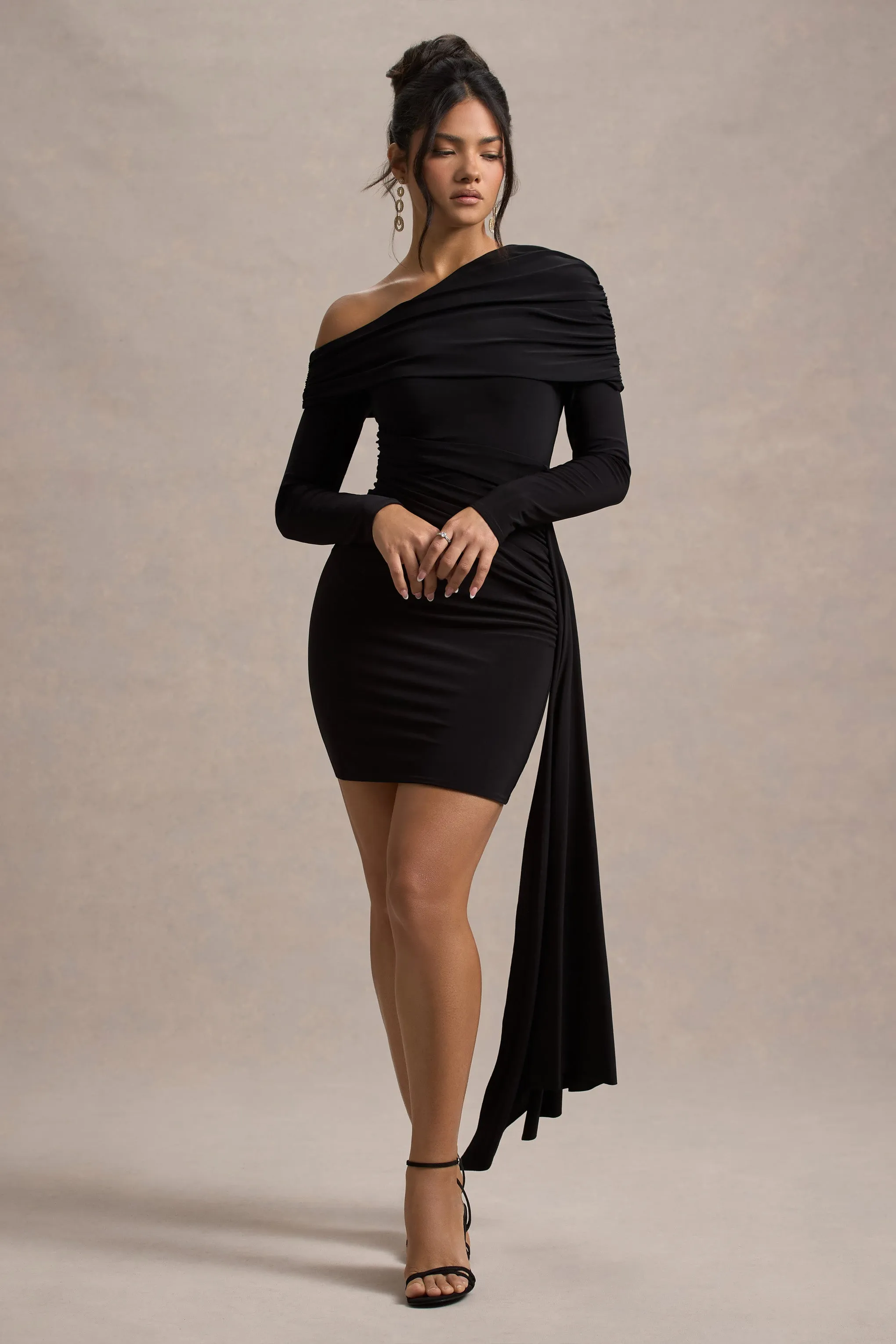 Savita | Black Ruched Asymmetric Mini Dress With Drape sold by Club L London product image thumbnail 4