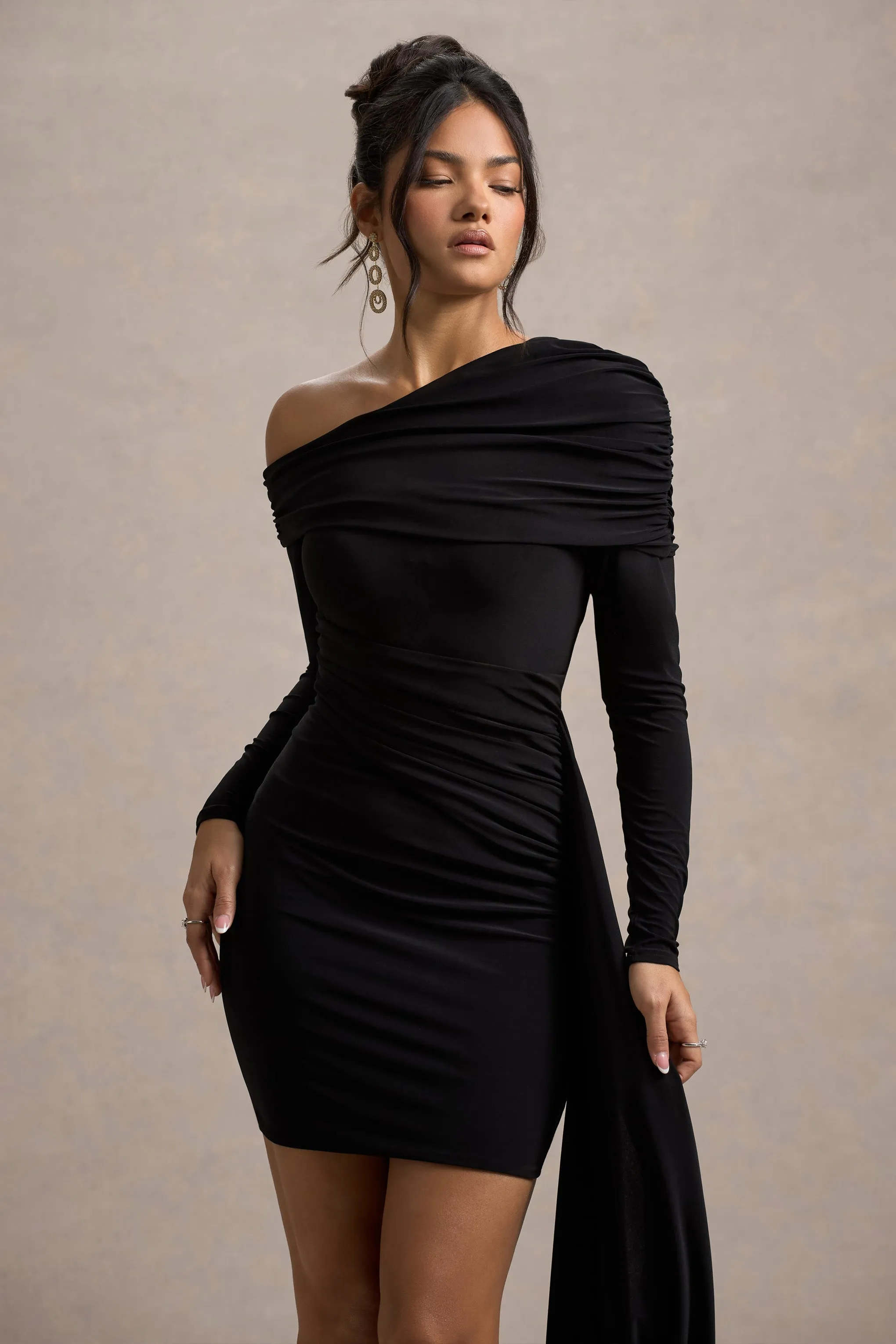 Savita | Black Ruched Asymmetric Mini Dress With Drape sold by Club L London product image thumbnail 3