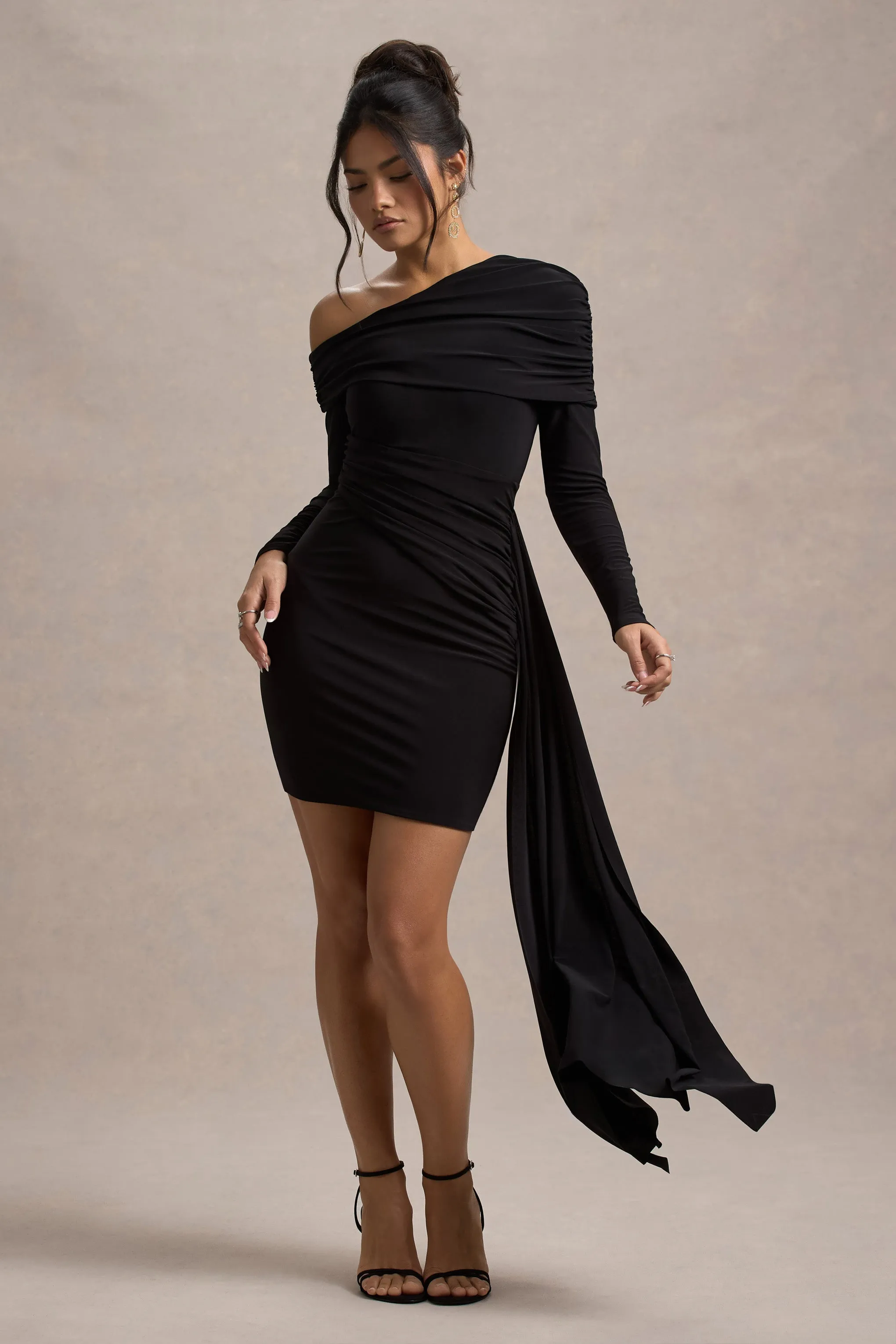 Savita | Black Ruched Asymmetric Mini Dress With Drape sold by Club L London