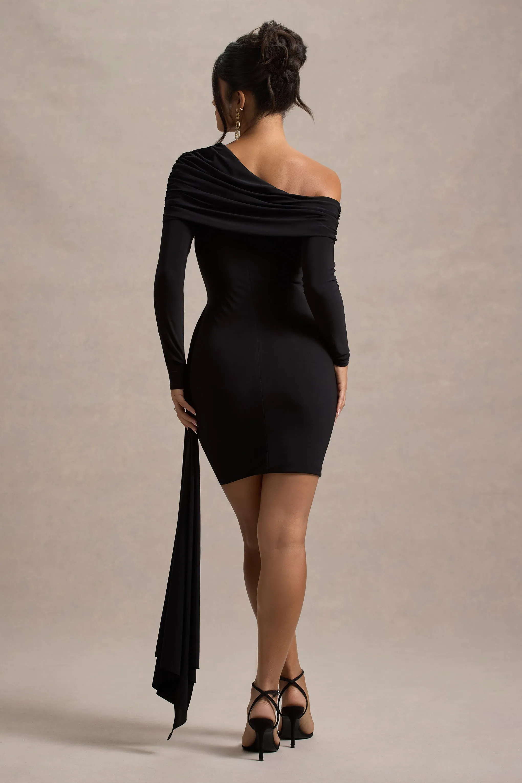 Savita | Black Ruched Asymmetric Mini Dress With Drape sold by Club L London product image thumbnail 2