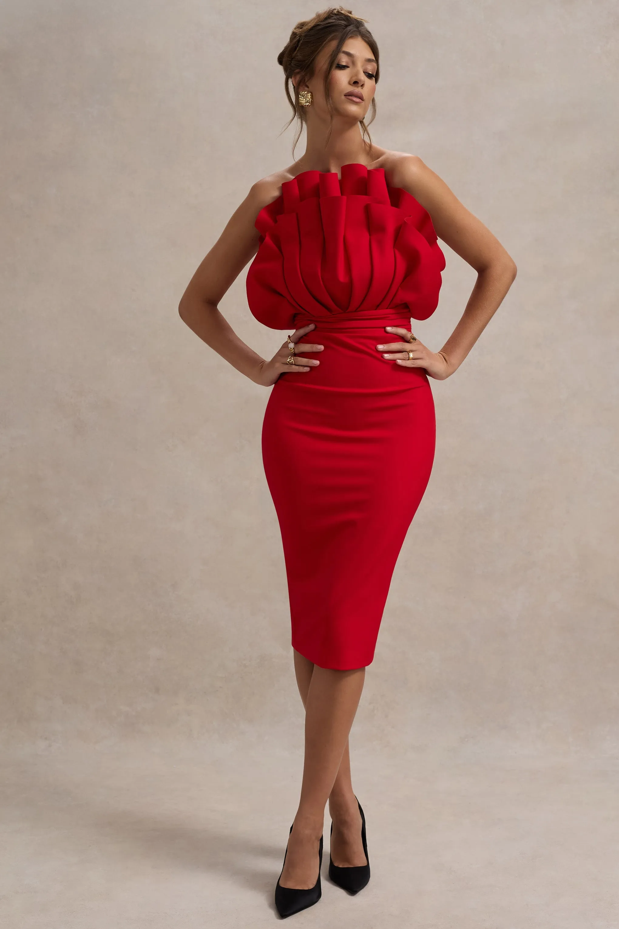 Oria | Red Ruffled Strapless Midi Dress sold by Club L London product image thumbnail 5