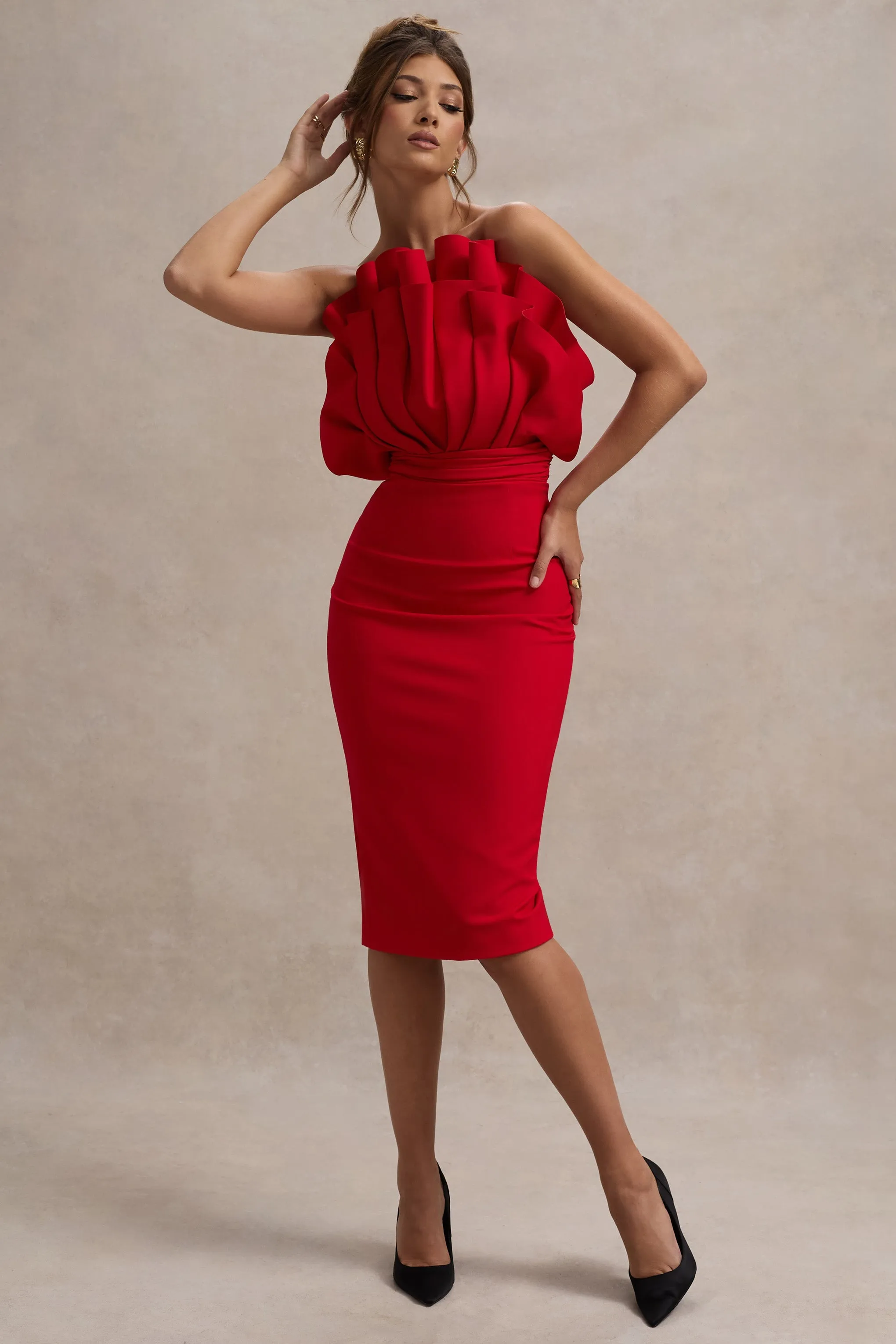 Oria | Red Ruffled Strapless Midi Dress sold by Club L London product image thumbnail 4
