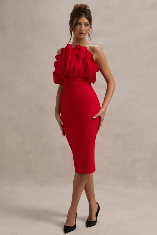 Oria | Red Ruffled Strapless Midi Dress sold by Club L London