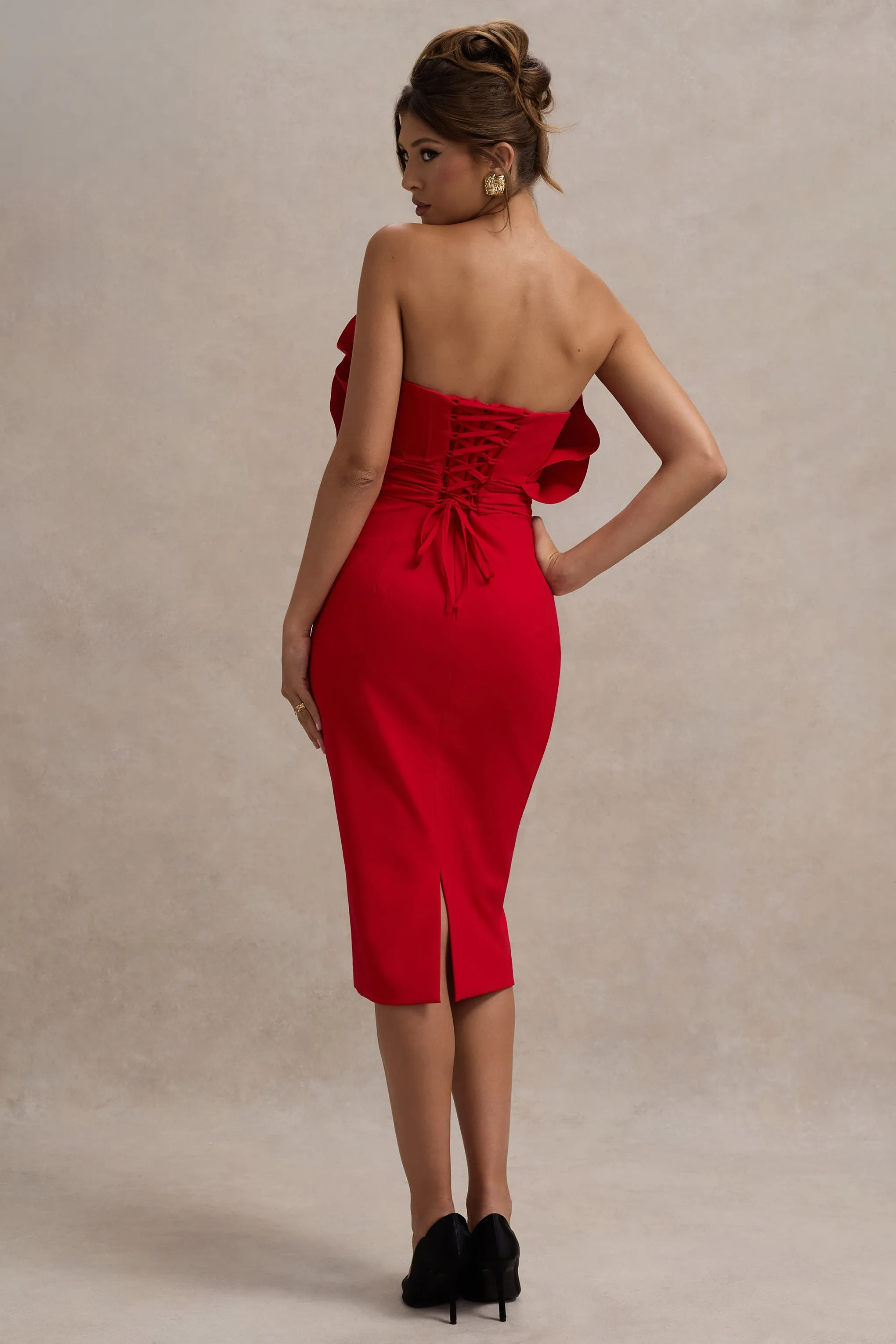 Oria | Red Ruffled Strapless Midi Dress sold by Club L London product image thumbnail 2