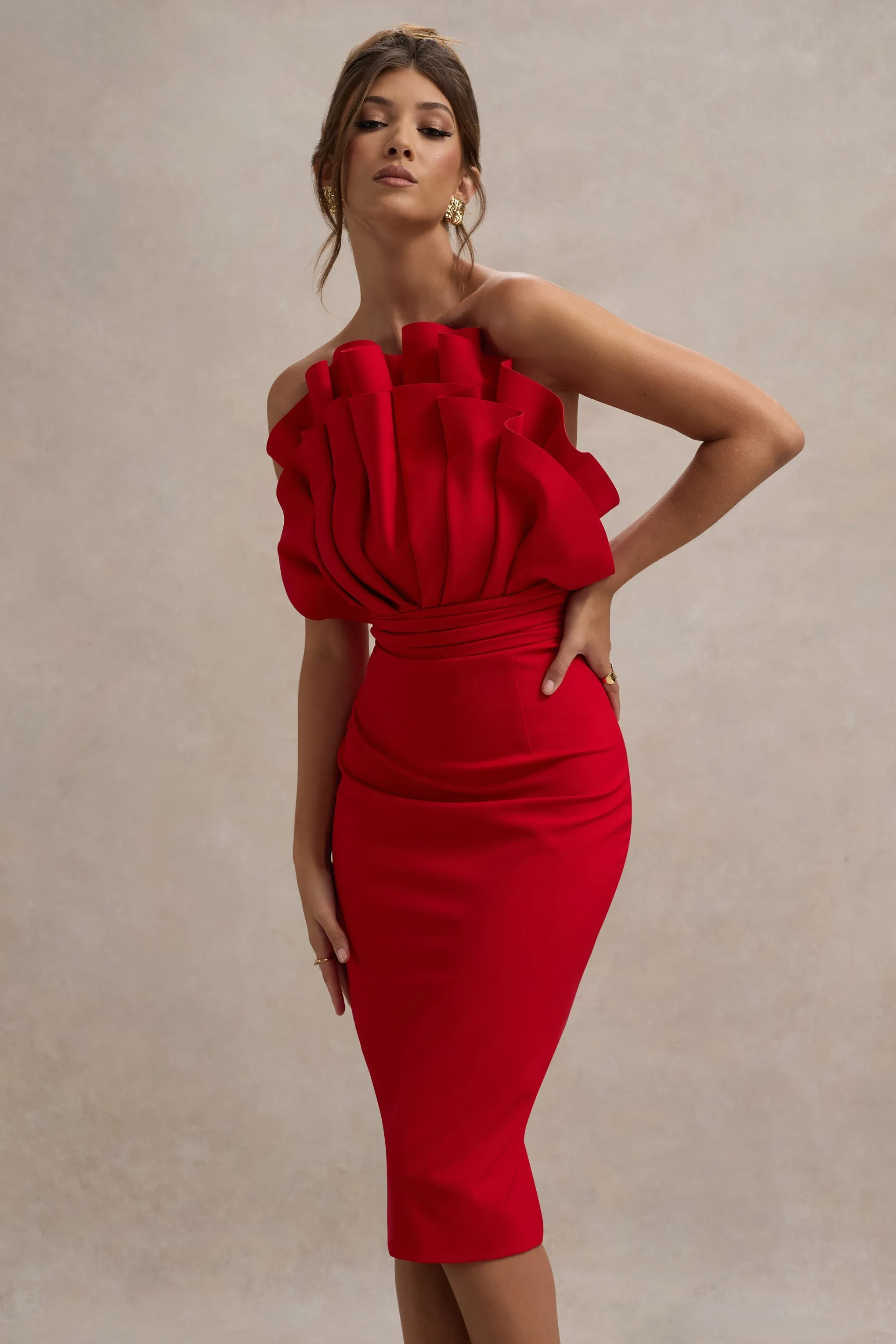 Oria | Red Ruffled Strapless Midi Dress sold by Club L London product image thumbnail 3
