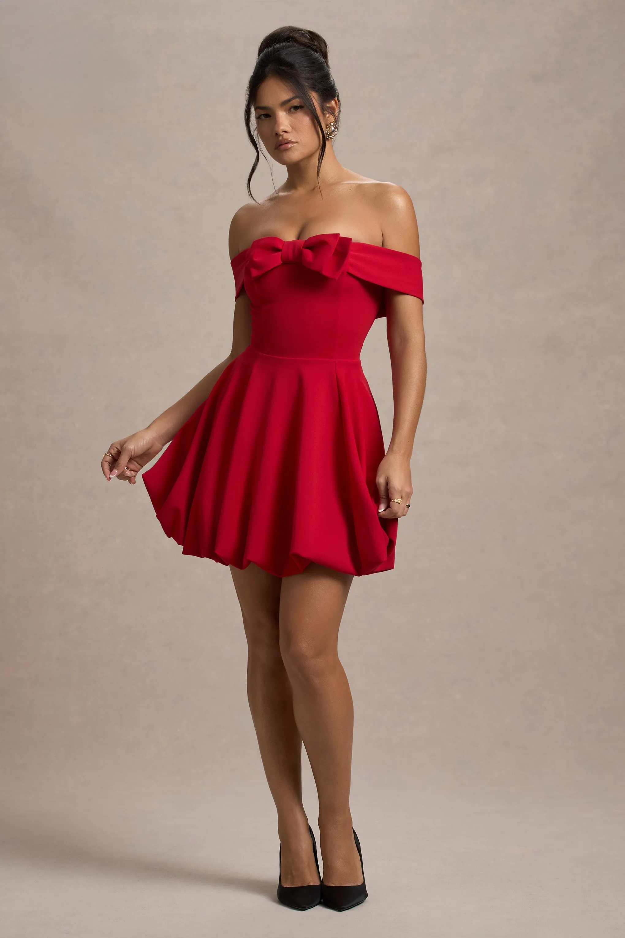 Minimoiselle | Red Bow Bardot Mini Dress With Puff-Ball Skirt sold by Club L London product image thumbnail 5