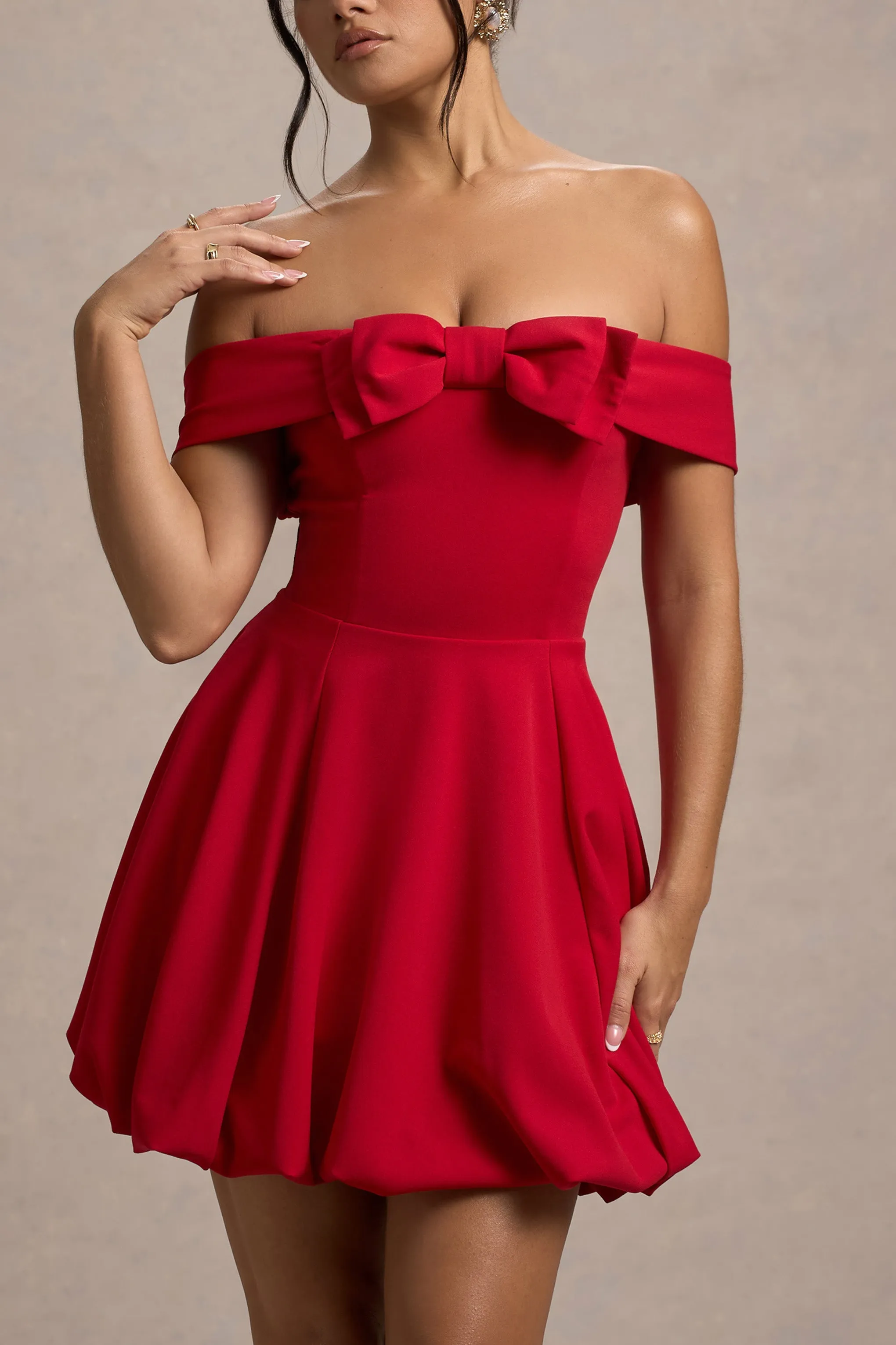 Minimoiselle | Red Bow Bardot Mini Dress With Puff-Ball Skirt sold by Club L London product image thumbnail 3