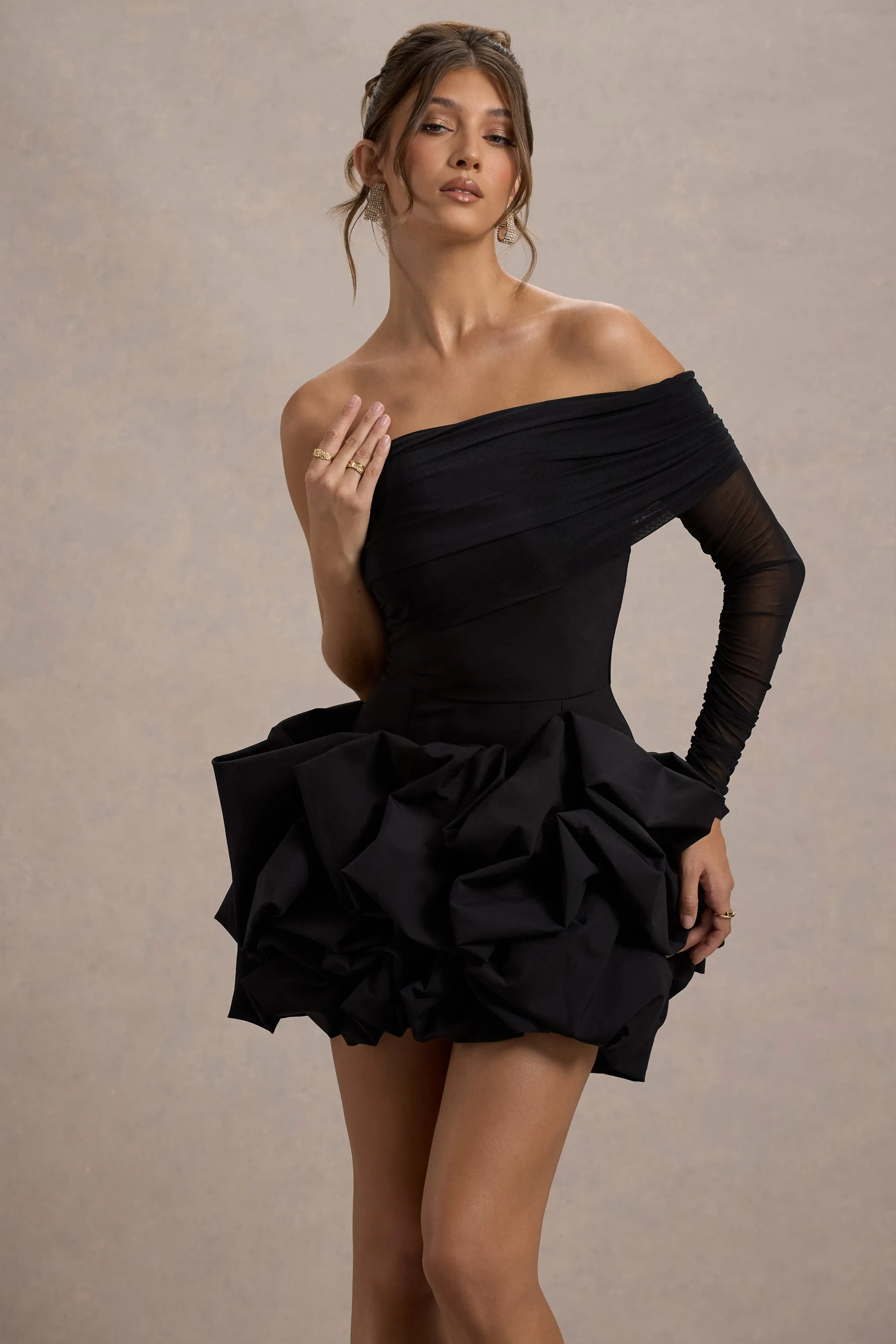 Regatta | Black Asymmetric Mesh Sleeve Ruffle Mini Dress sold by Club L London product image thumbnail 3