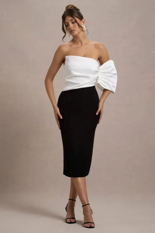 Perception | Black and White Asymmetric One-Sleeve Midi Dress sold by Club L London