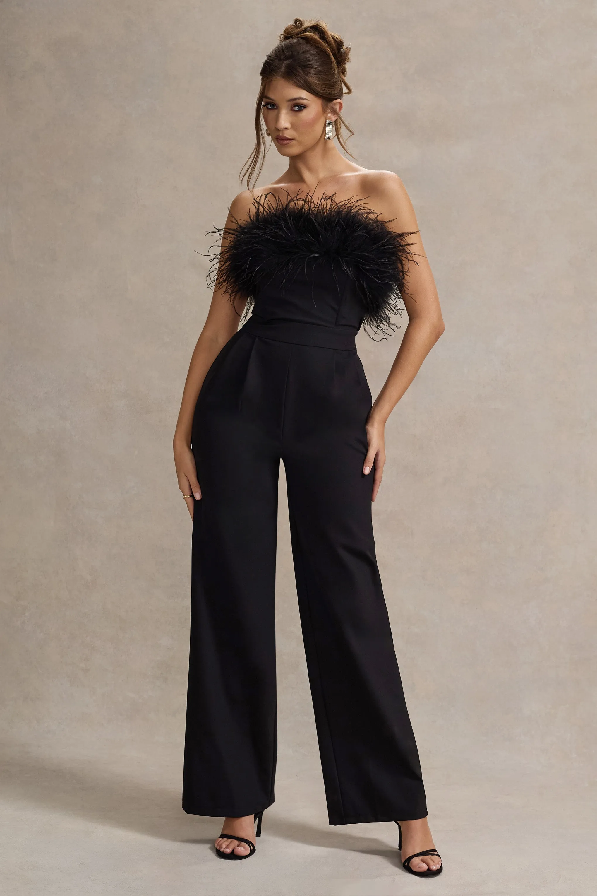 Delta | Black Feather Bandeau Wide-Leg Jumpsuit sold by Club L London