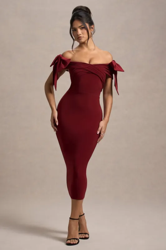 Ashleigh | Port Bardot Midi Dress With Bows sold by Club L London